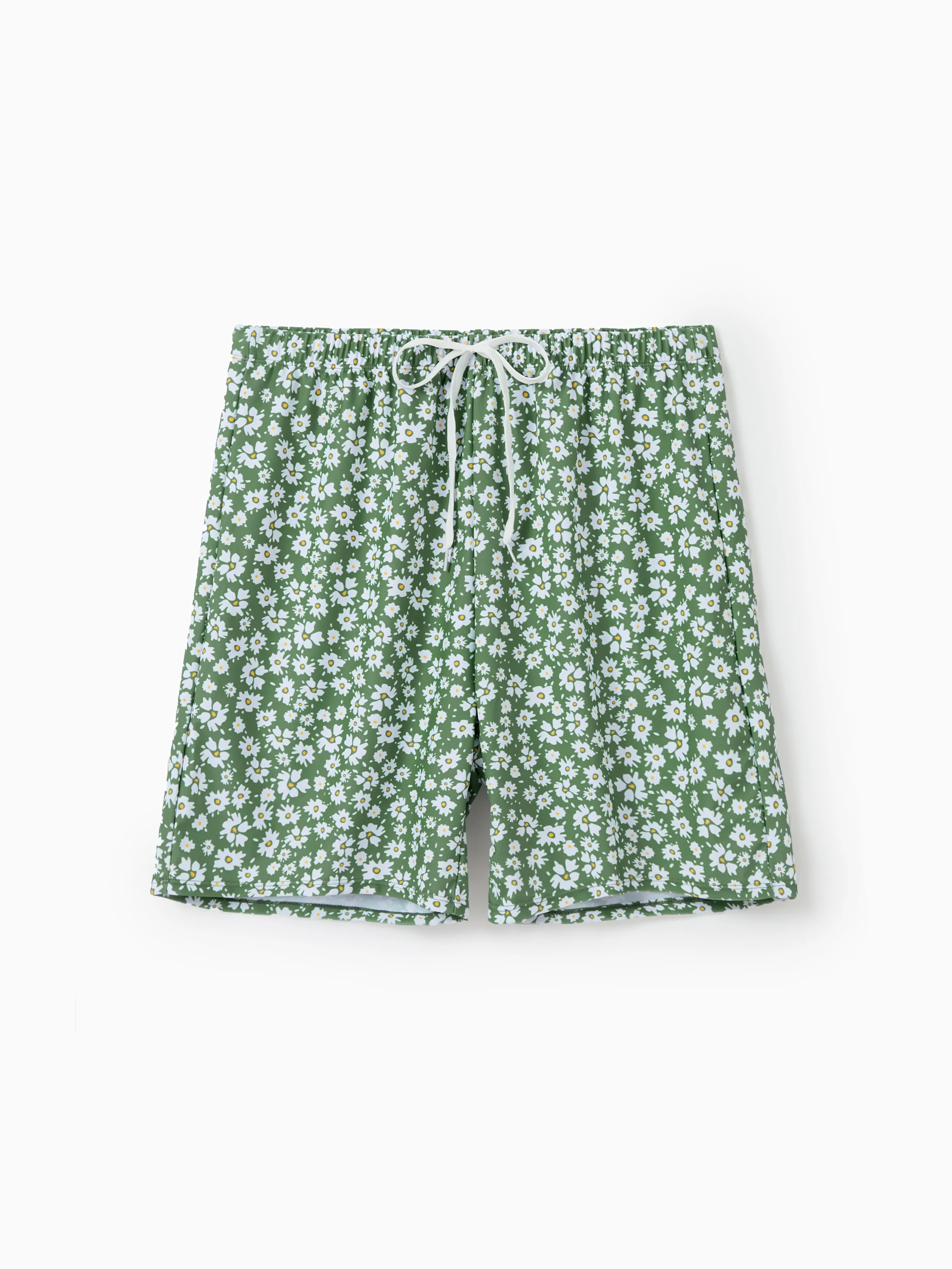 

Family Matching Daisy Print Green Swim Trunks or 3-piece Ruffle Swimsuit with Coverup Skirt