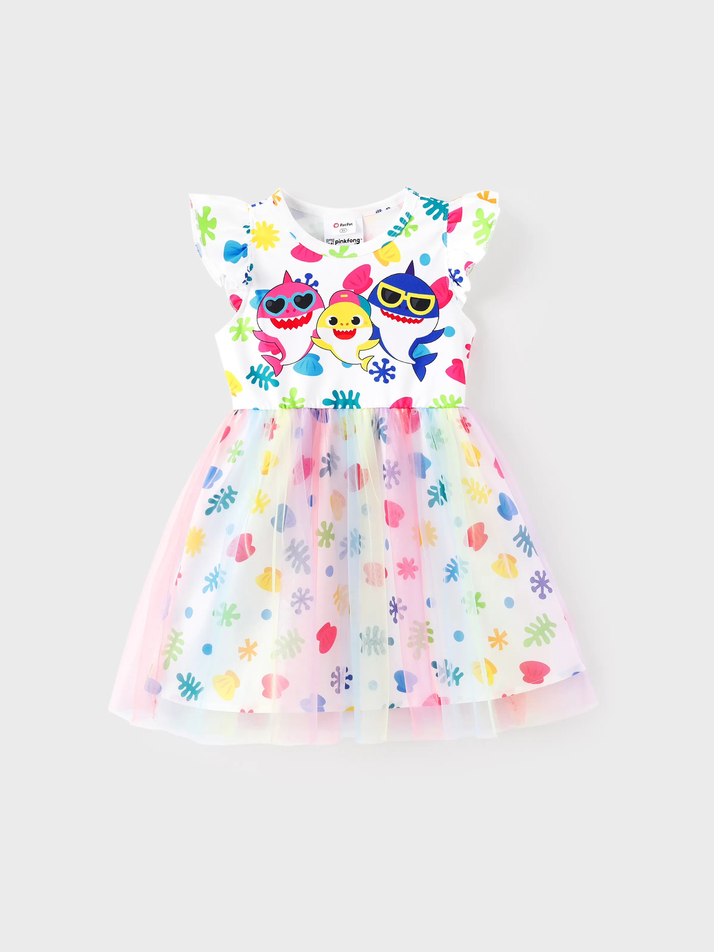 

Baby Shark Toddler Girl Character Print Bow Decor/Mesh Overlay Dress