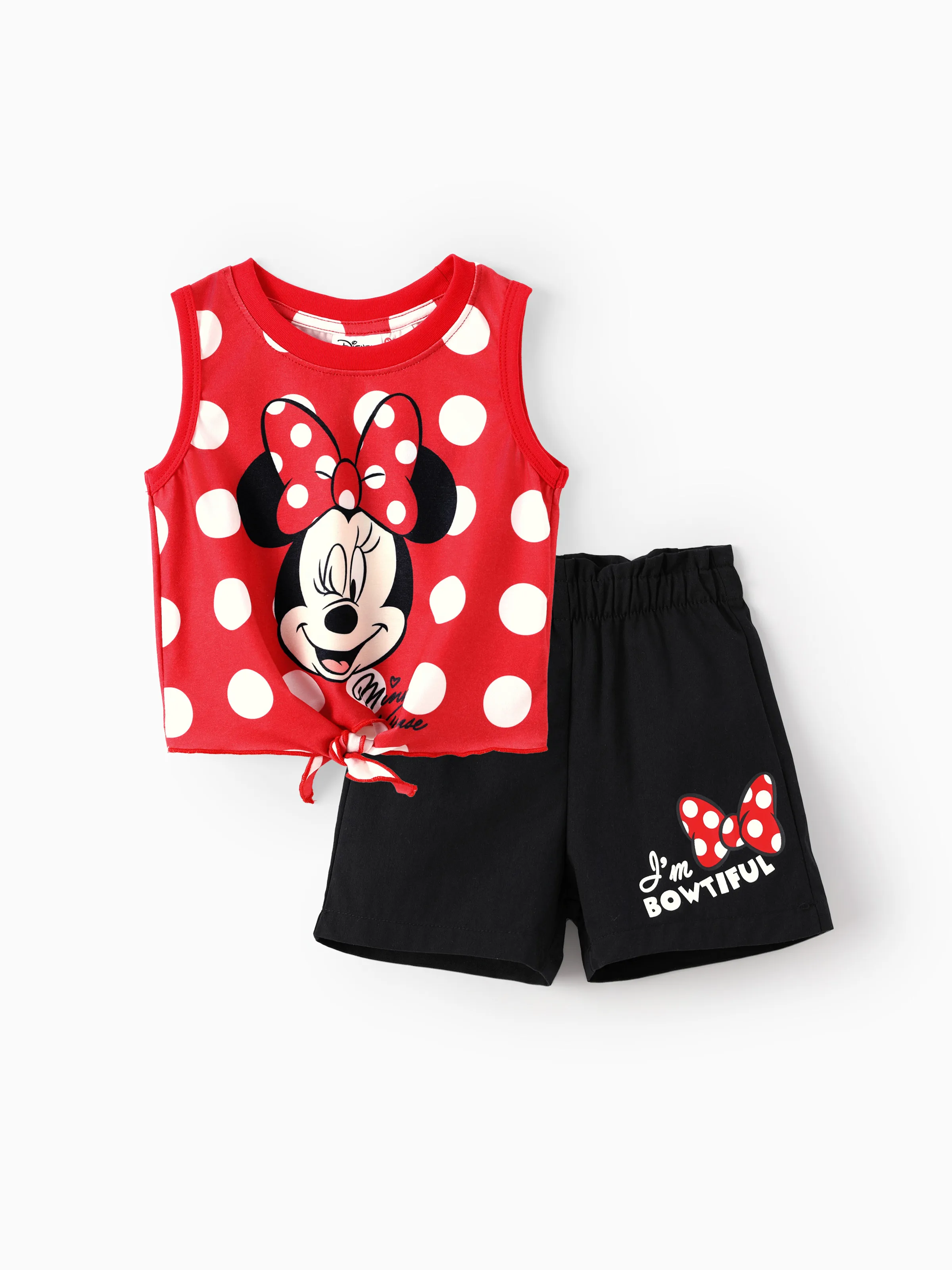 Disney Mickey and Friends Toddler/Kid Girl 2pcs Naia™ Minnie Mouse Polka dots Knotted Tank Top And Cotton Shorts Set 