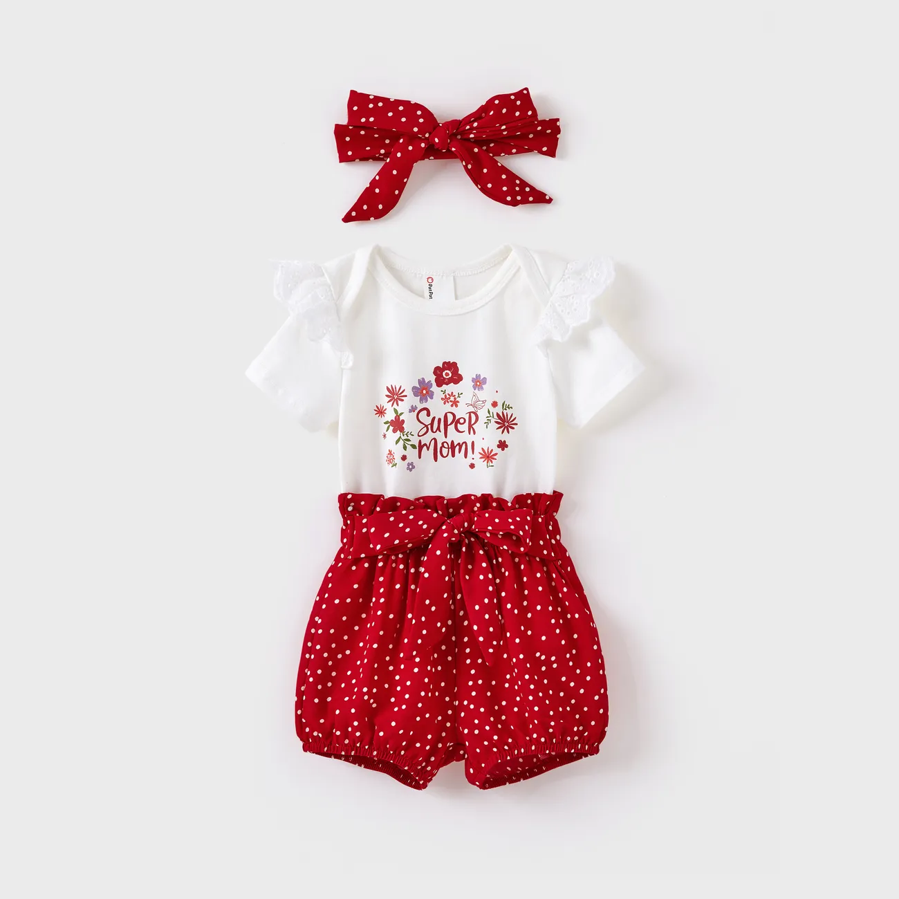 3-Piece Baby Girl Letter Print Romper and Polka dots Shorts and Headband Set