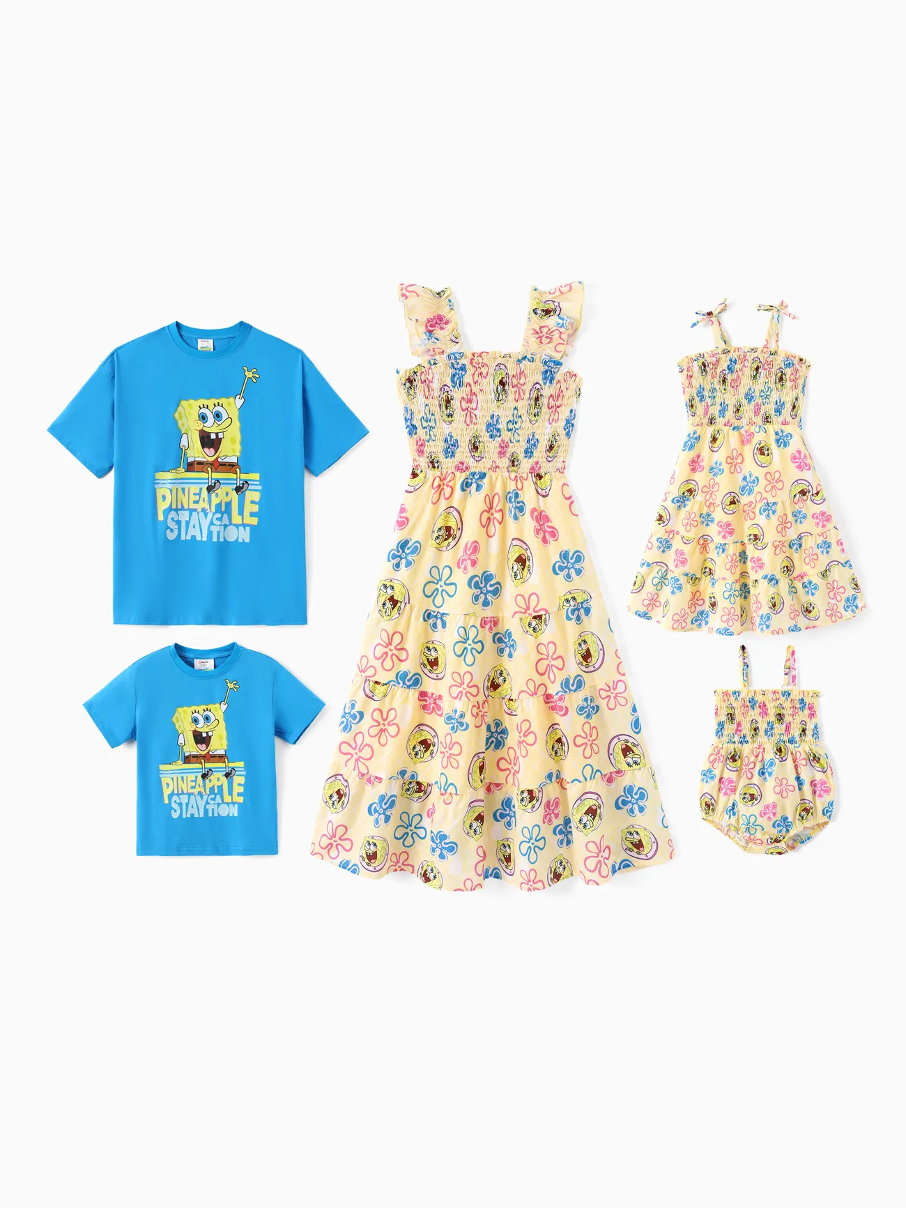 SpongeBob SquarePants Famiglia di corrispondenza 1pc Carattere Floreale Stampa Allover Smocking Increspato Abito/Tuta/Top di Cotone 