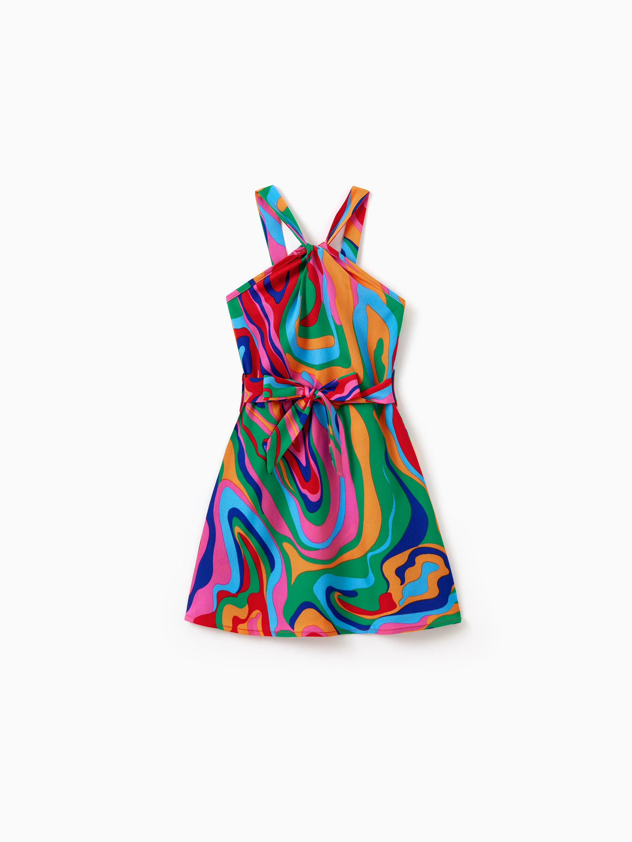 

Family Matching Vibrant Tie-Dye Print A-Line Belted Sundress for Mommy & Me