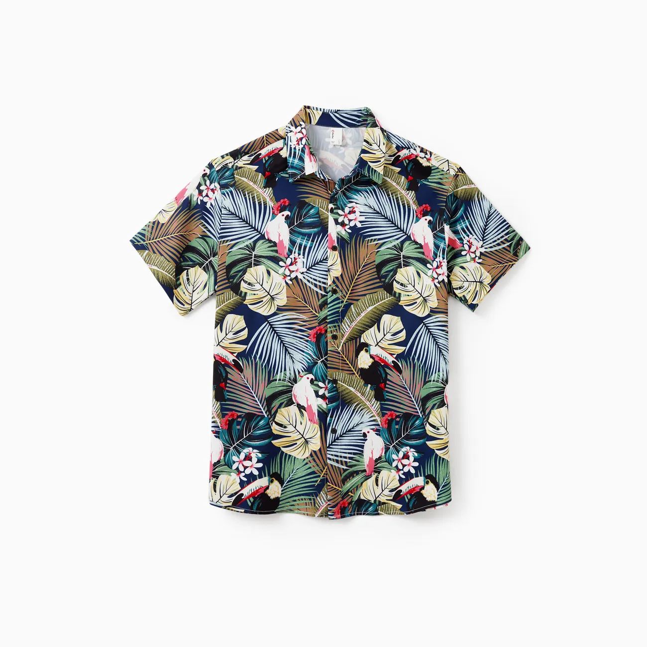 Couples Matching Hawaiian Set Tropical Print Short Sleeve Button-Down Shirt & Halter Cut Out Smocked Back Dress Set for Vacation Beachwear