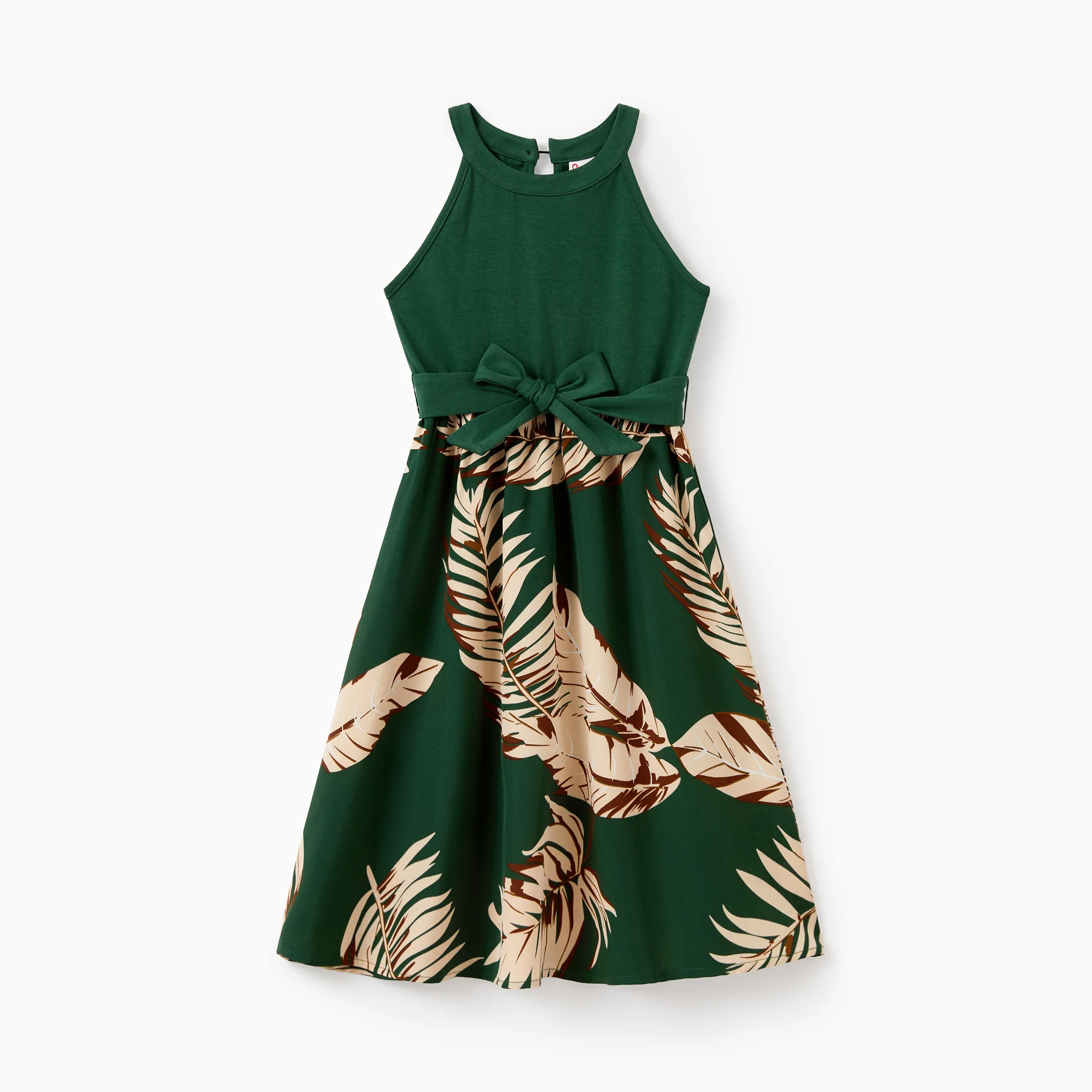 

Family Matching Outfits Tropical Leaf Print Green Hawaiian Vacation Clothes Set Summer Beach Halter Dress & Short-sleeve Shirt Set