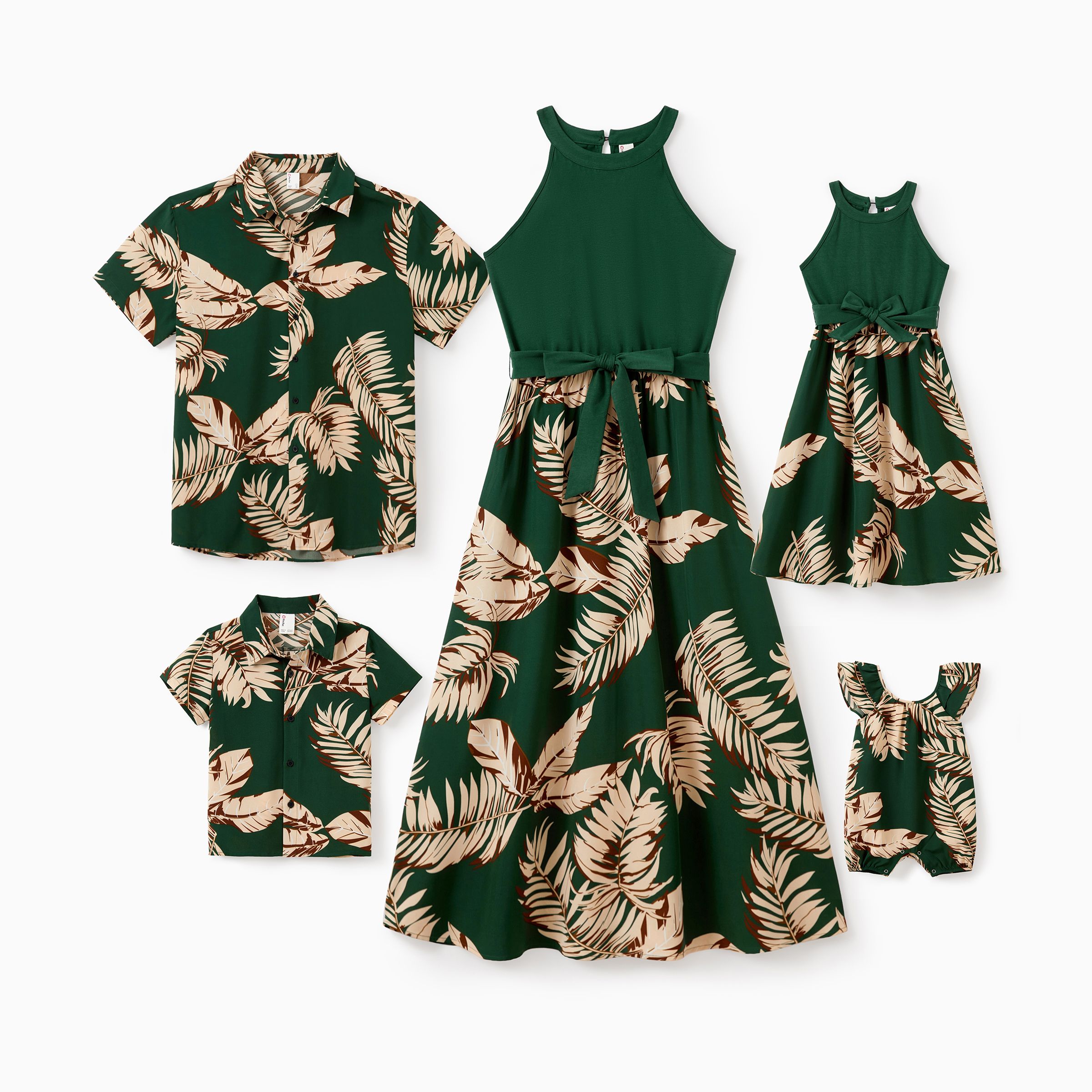 家庭配套服裝熱帶葉子印花綠色夏威夷度假服裝套裝夏季海灘露背裙和短袖襯衫套裝