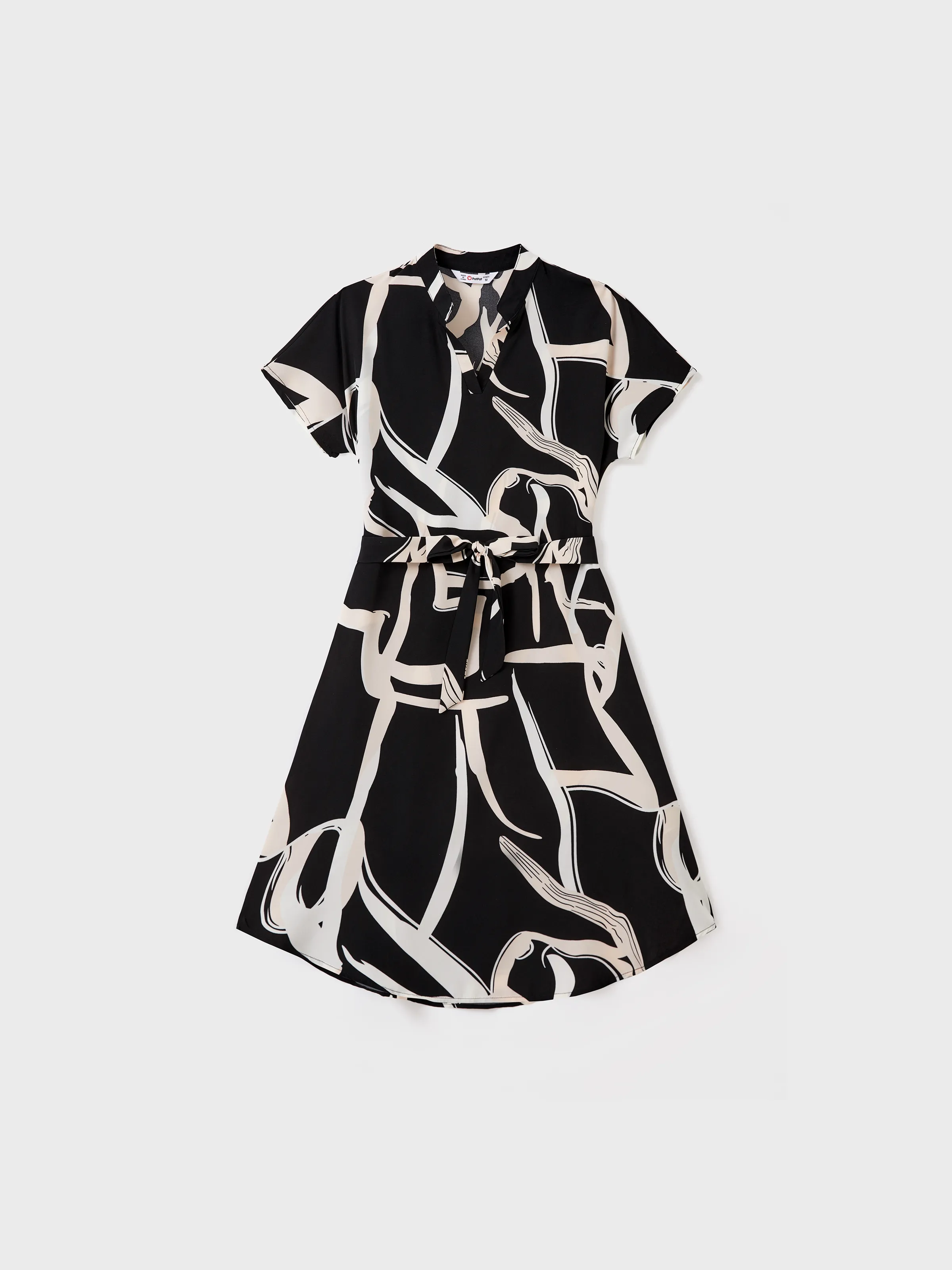 

Family Matching Color Block Cotton Tee or Modern Abstract Print Short Sleeve Dress with Waist Belt