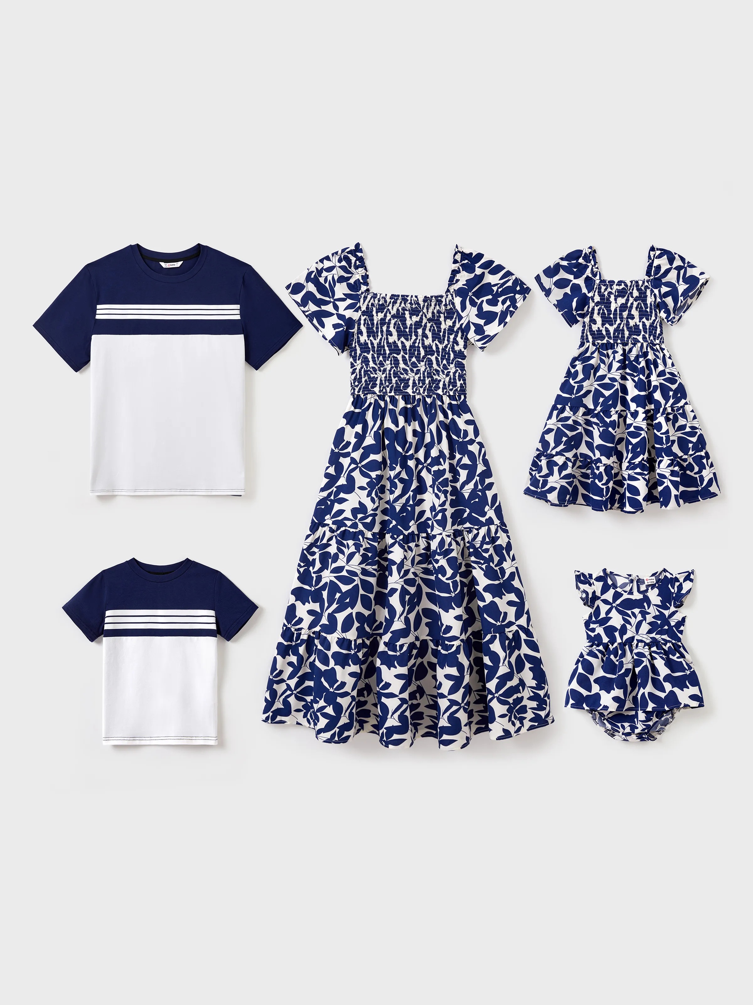 

Family Matching Blue Colorblock Tee or Leaf Print Smocking Puff-sleeve Dress Set