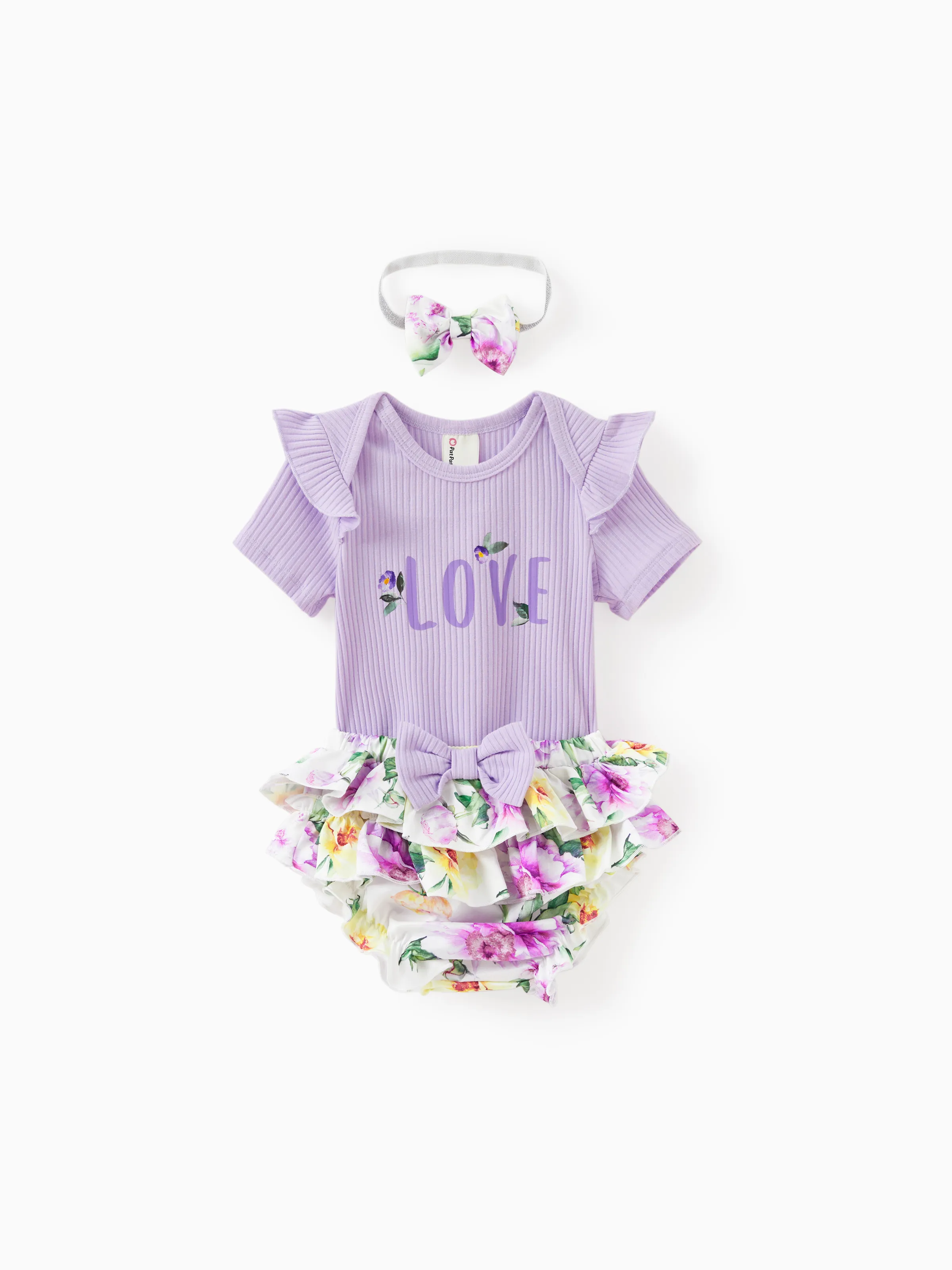 

3-Piece Baby Girl Sweet Letter Romper and Multi-layer Bloomer Shorts with Headband Set