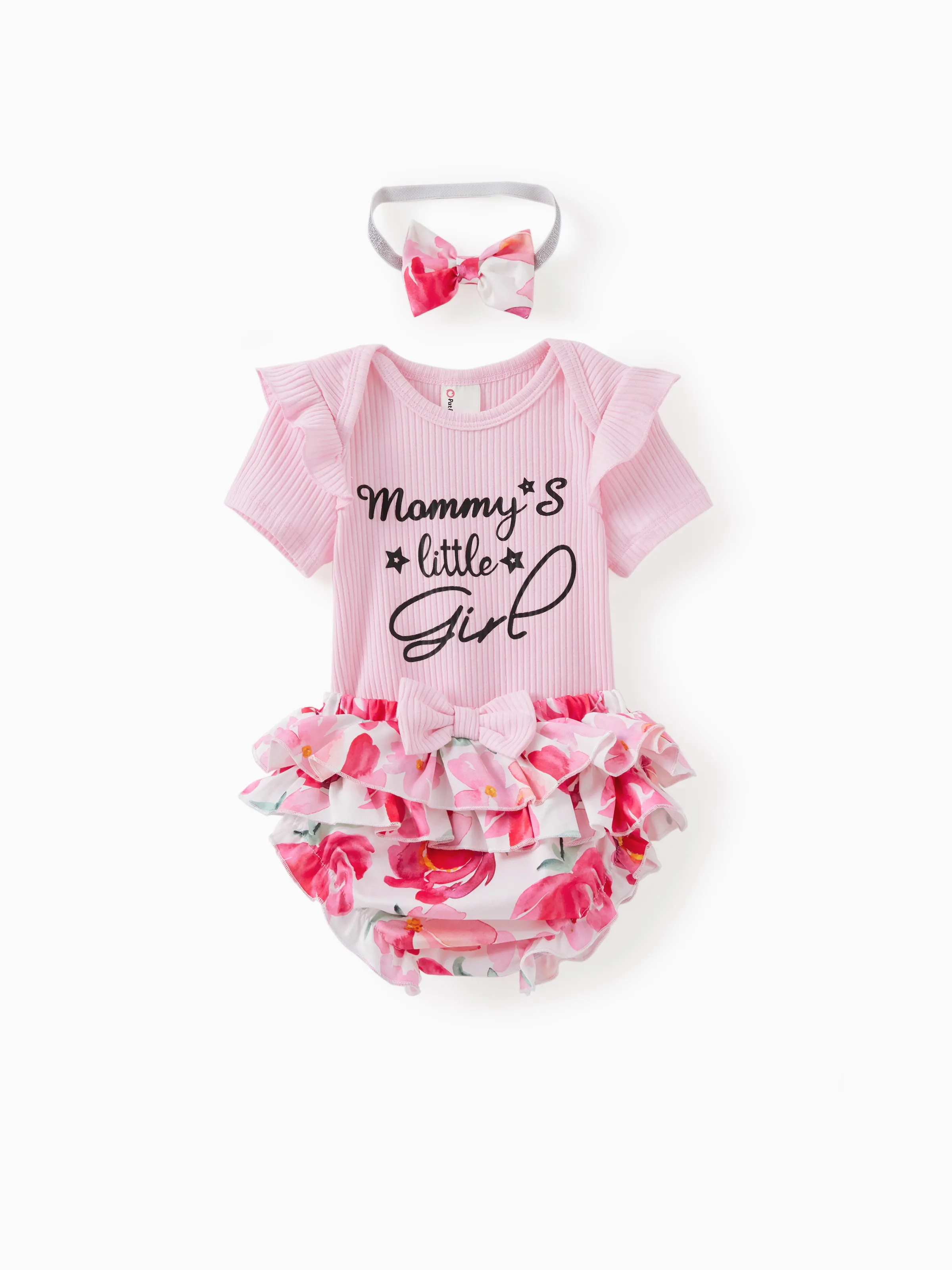 Conjunto de pelele de 3 piezas Baby Girl Sweet Letter y shorts bombacho multicapa con diadema