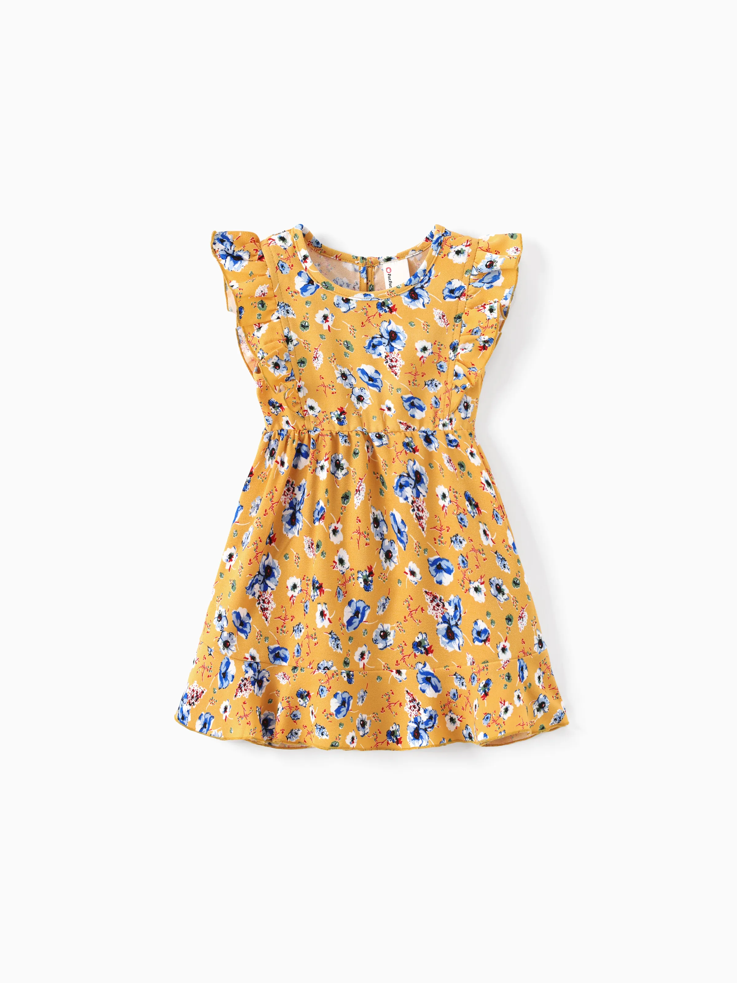 

Mommy and Me Ditsy Floral V-Neck Concealed Button A-Line Yellow Ruffle Collar Dresses