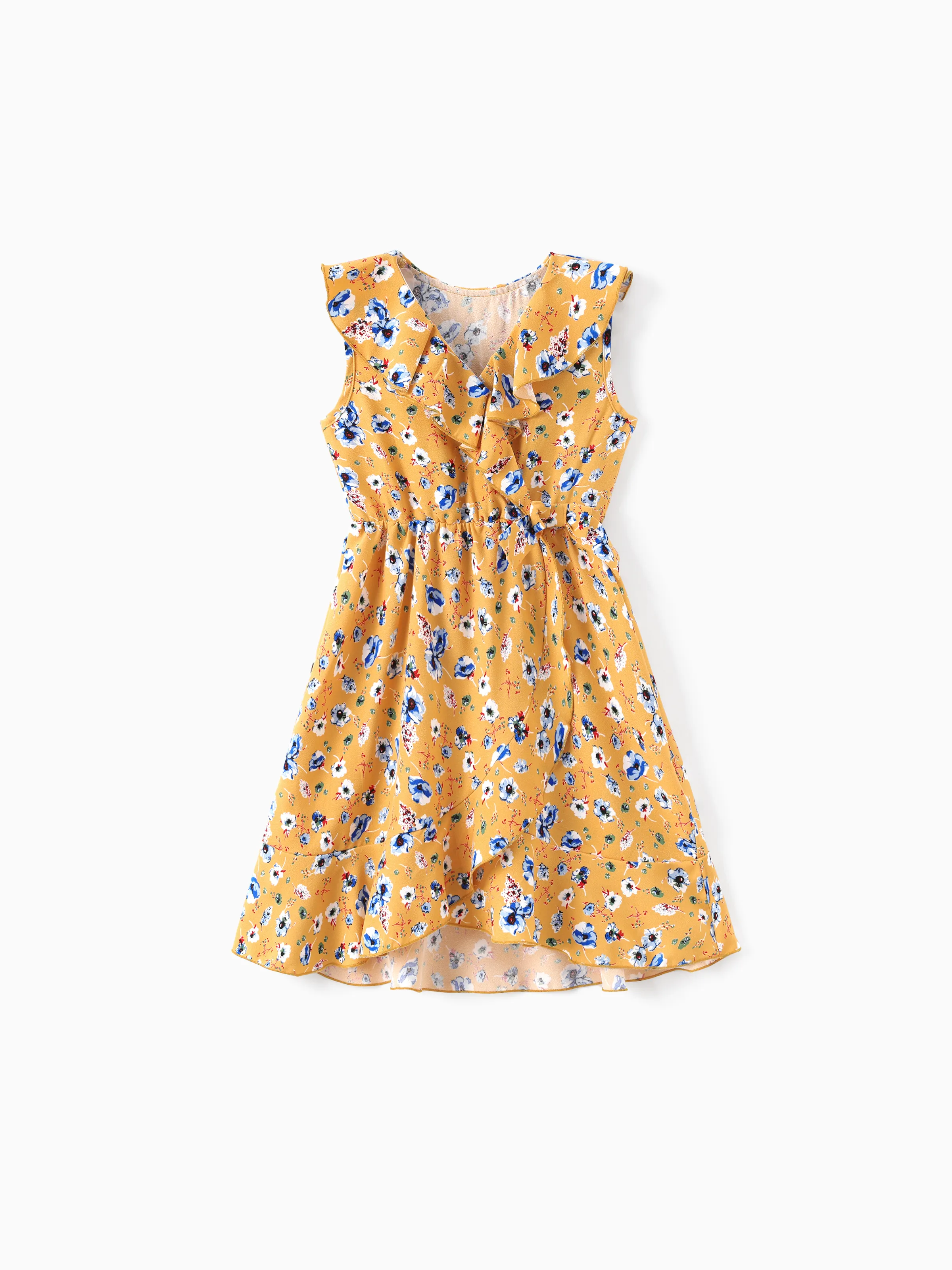 

Mommy and Me Ditsy Floral V-Neck Concealed Button A-Line Yellow Ruffle Collar Dresses