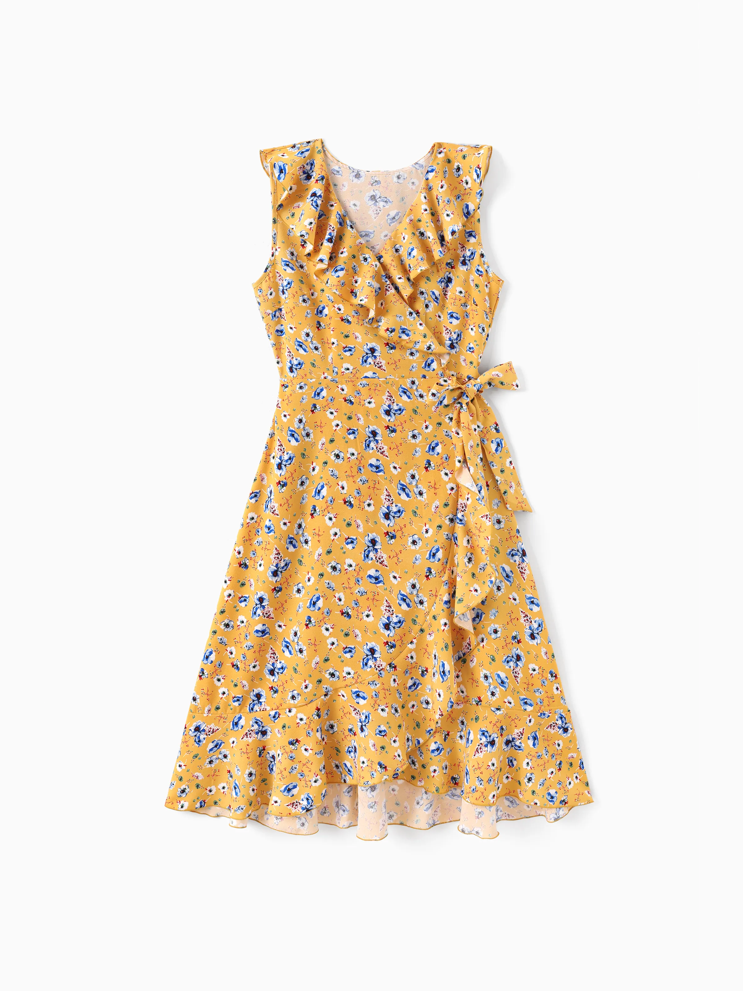 

Mommy and Me Ditsy Floral V-Neck Concealed Button A-Line Yellow Ruffle Collar Dresses