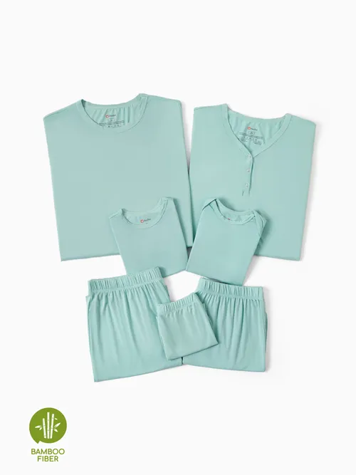 Bamboo Viscose Family Matching Solid Color Green Short Sleeve Pajama Set (Snug-Fitting for Children‘s Size)