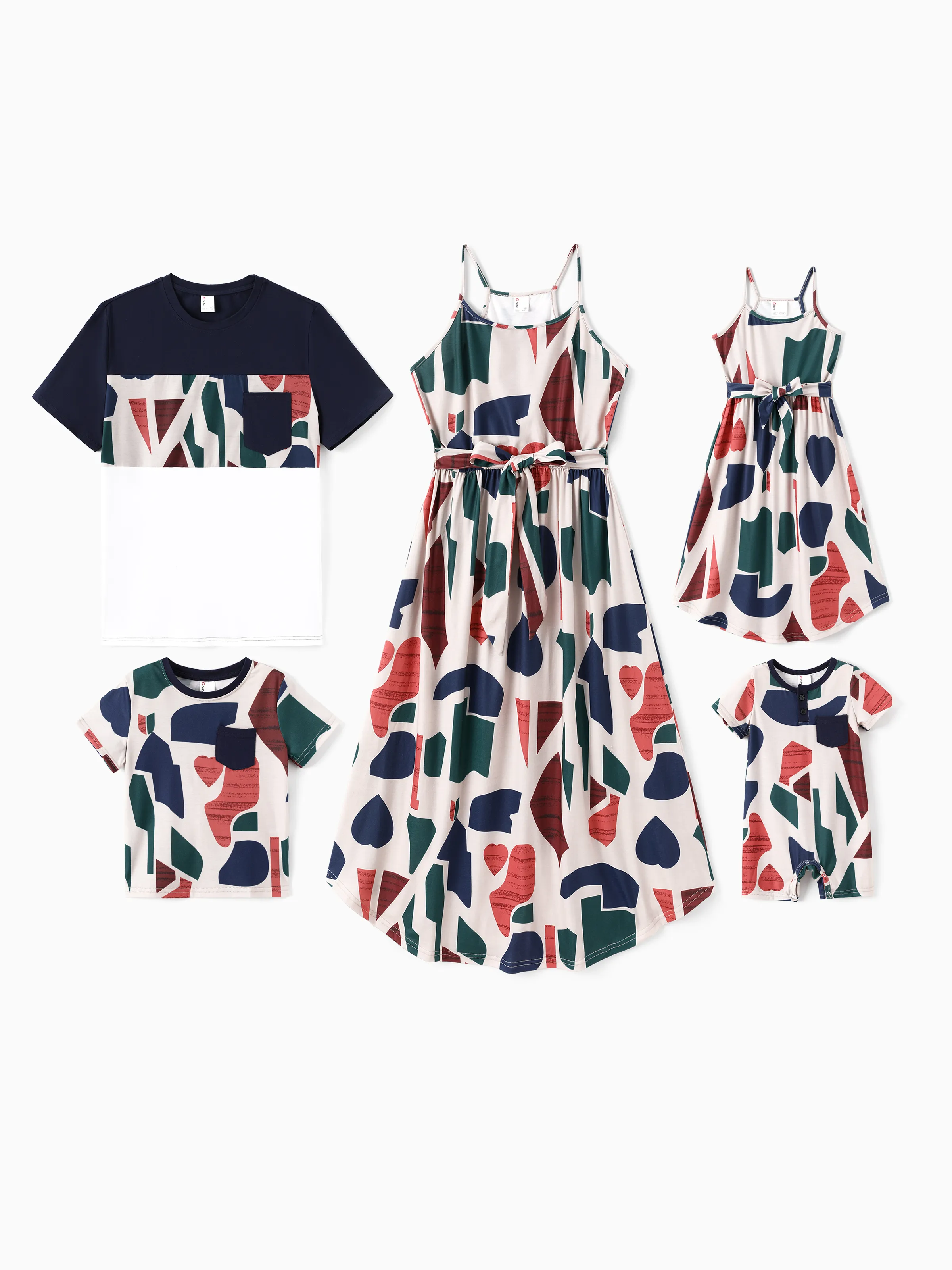 

Family Matching Colorful Geometric Print Cotton T-Shirt with Pocket or Strap Belted Dress