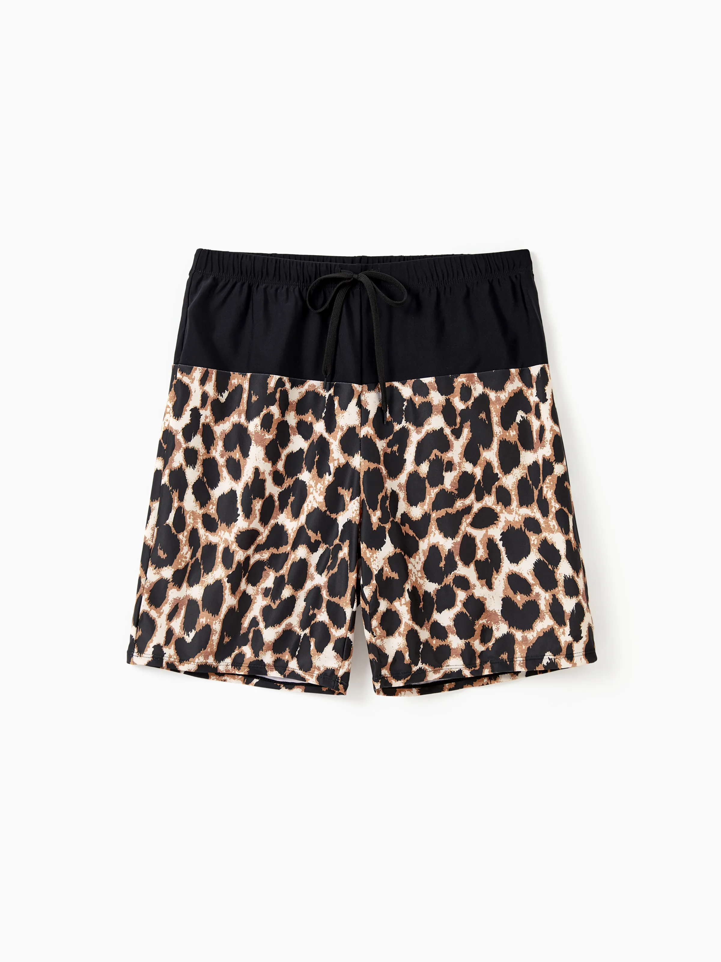 Panel de leopardo a juego familiar Cintura recortada Traje de baño de una pieza de un hombro o pantalones cortos de bañador