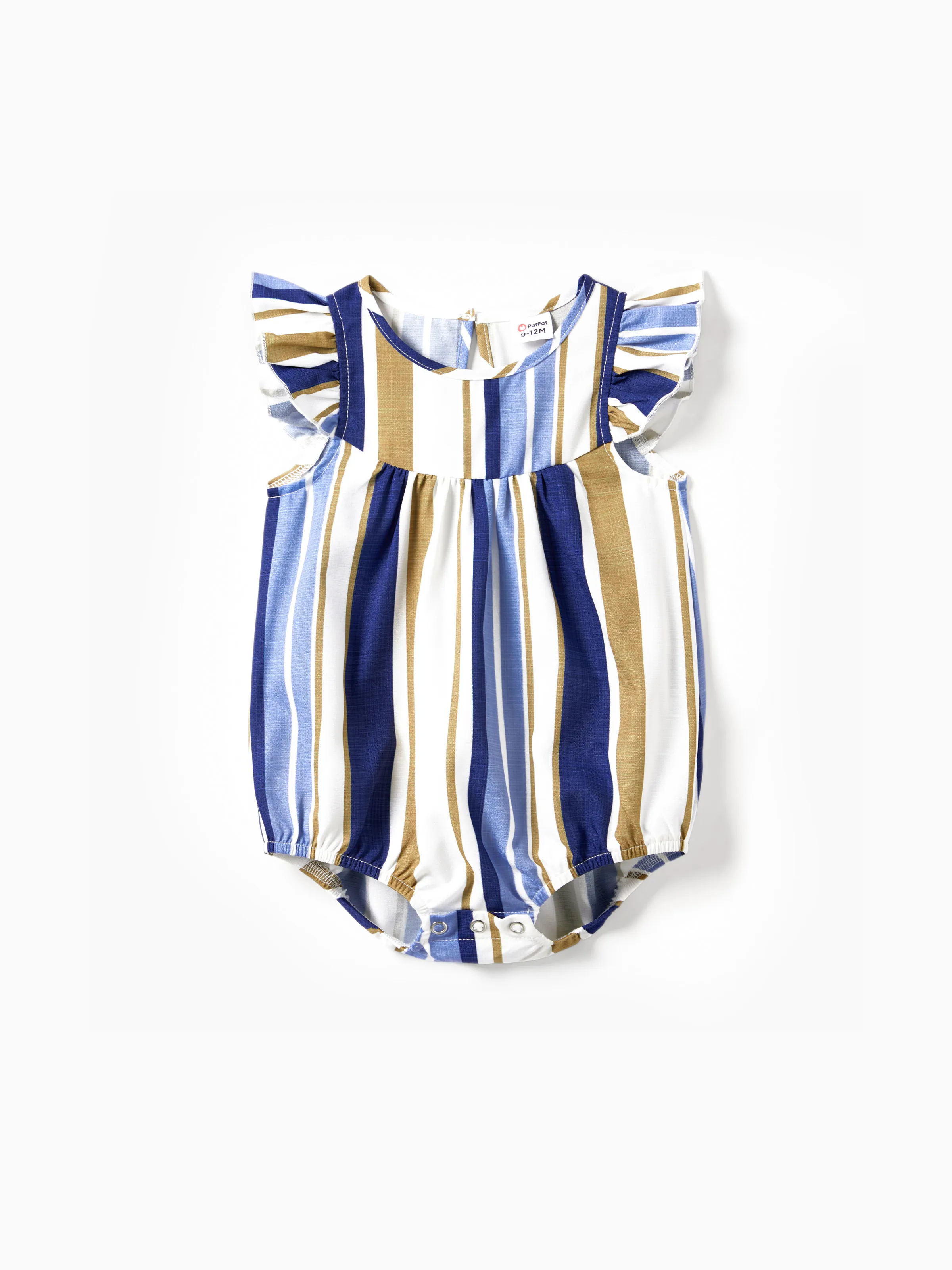 

Family Matching Vertical Stripe Shirt and Overlap Flutter Trim Bow Decor Ruffle Hem Dress Sets