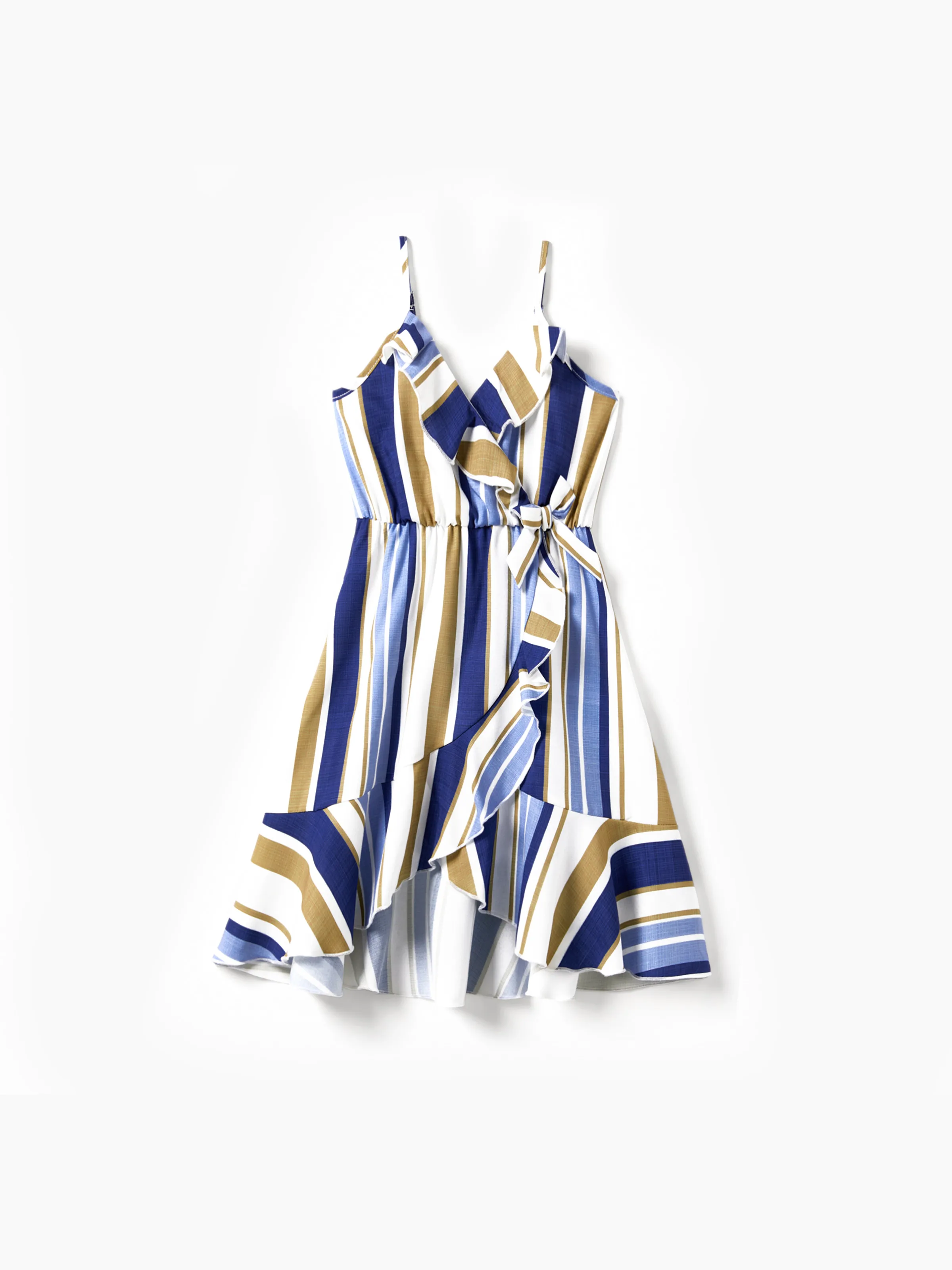 

Family Matching Vertical Stripe Shirt and Overlap Flutter Trim Bow Decor Ruffle Hem Dress Sets