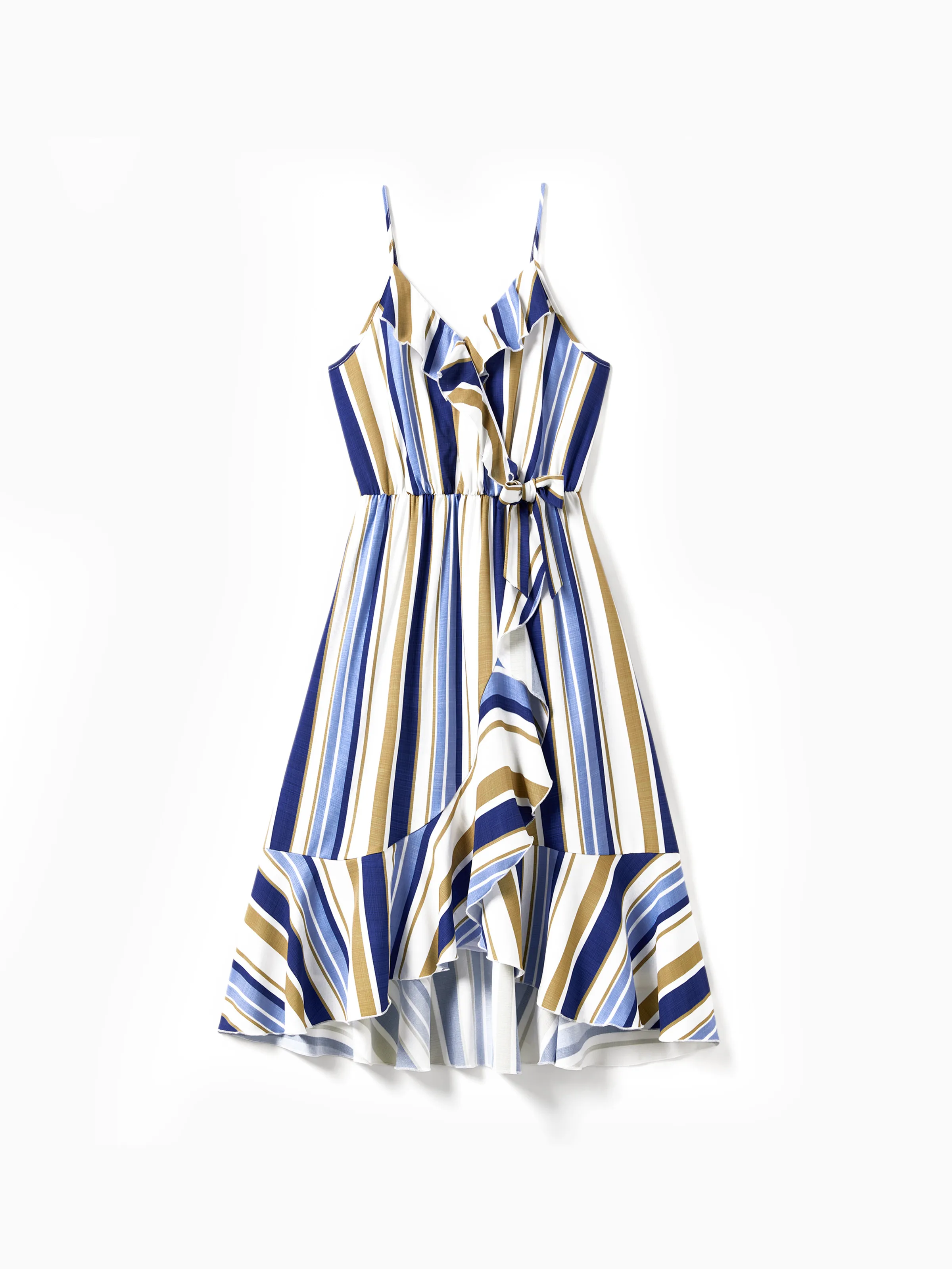 

Family Matching Vertical Stripe Shirt and Overlap Flutter Trim Bow Decor Ruffle Hem Dress Sets