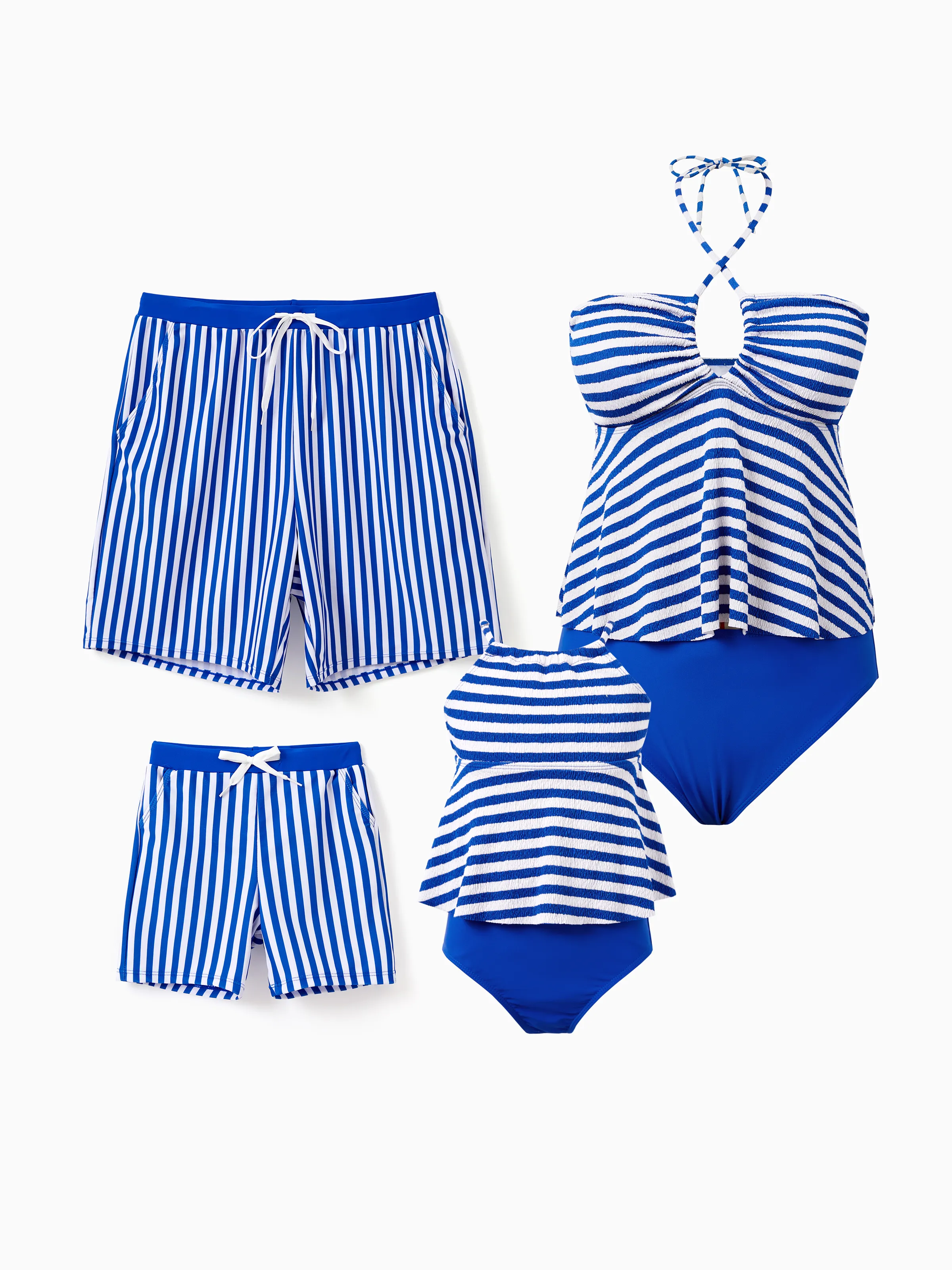 

Family Matching Blue Striped Swim Trunks or 2 Pieces Halter Tankini Swimsuit