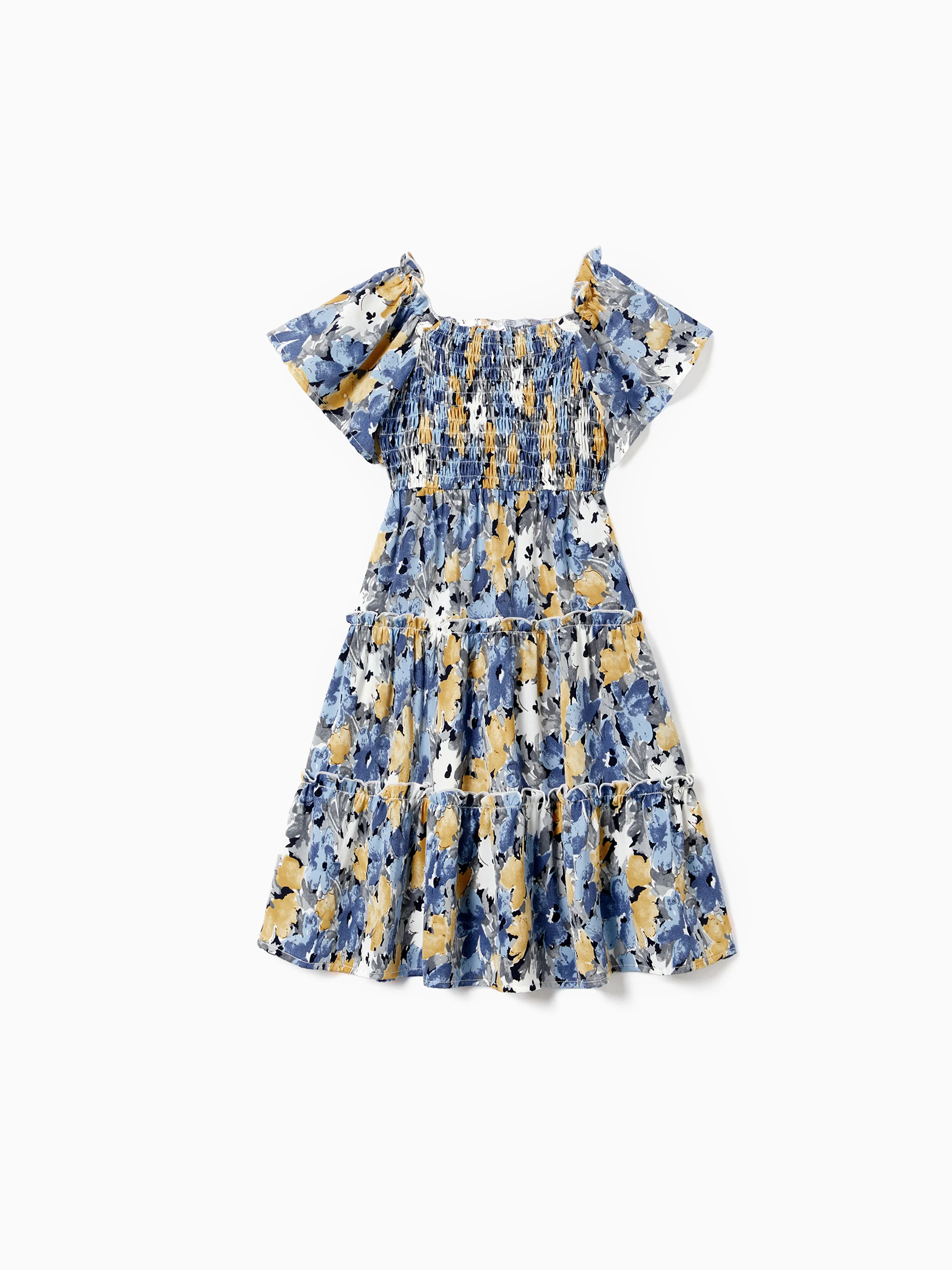 

Family Matching Solid Color Blue Raglan Sleeve T-Shirt and Floral Shirred Tiered Dresses Sets