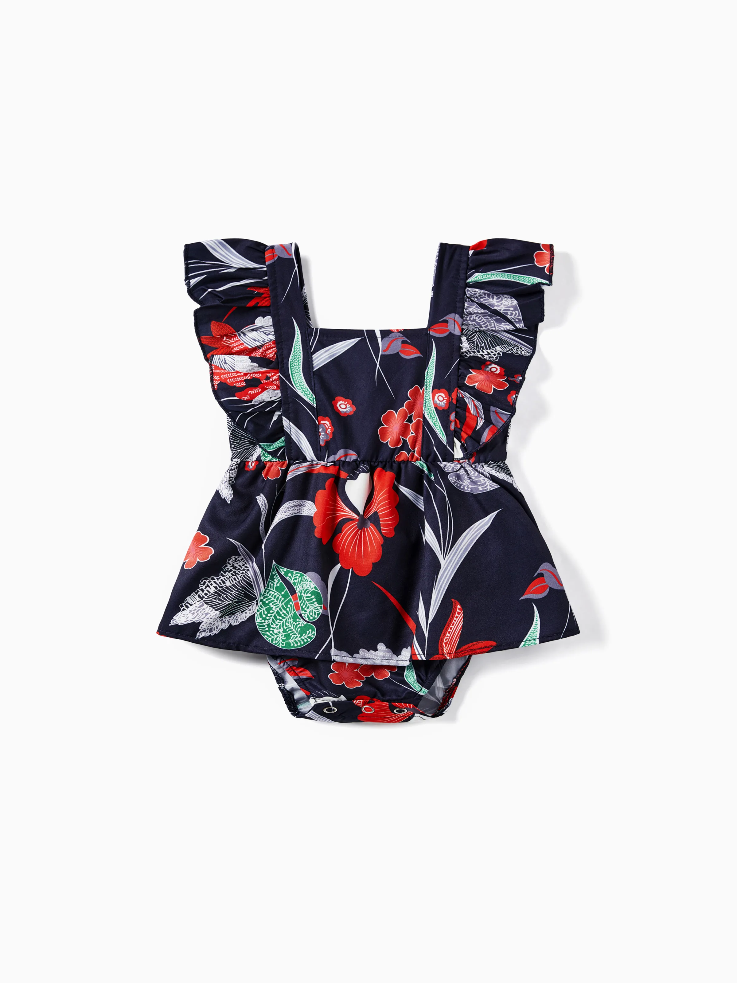 

Family Matching Tropical Floral Overlap Hi-Low Ruffle Dress and Beach Shirt Sets