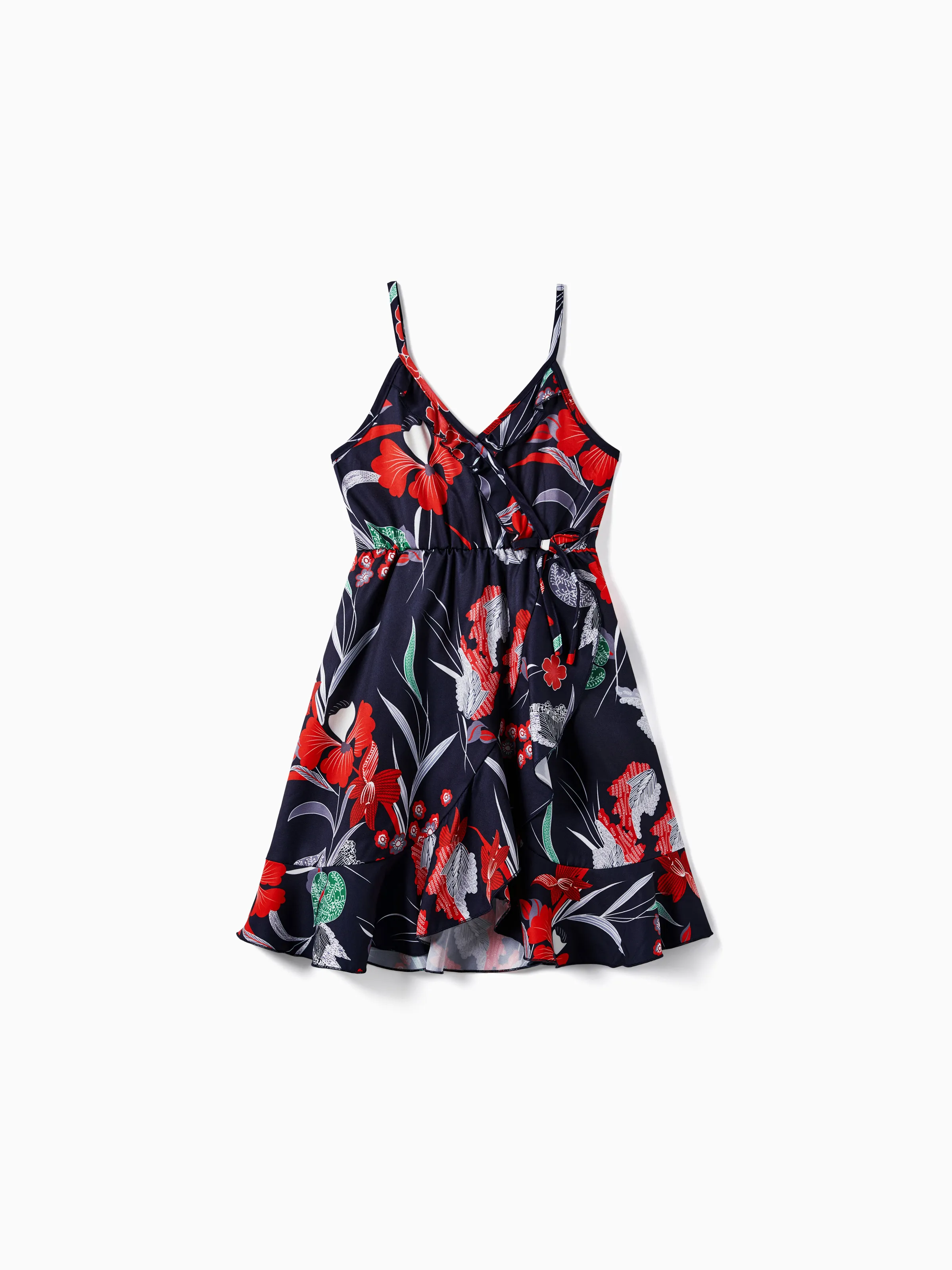 

Family Matching Tropical Floral Overlap Hi-Low Ruffle Dress and Beach Shirt Sets