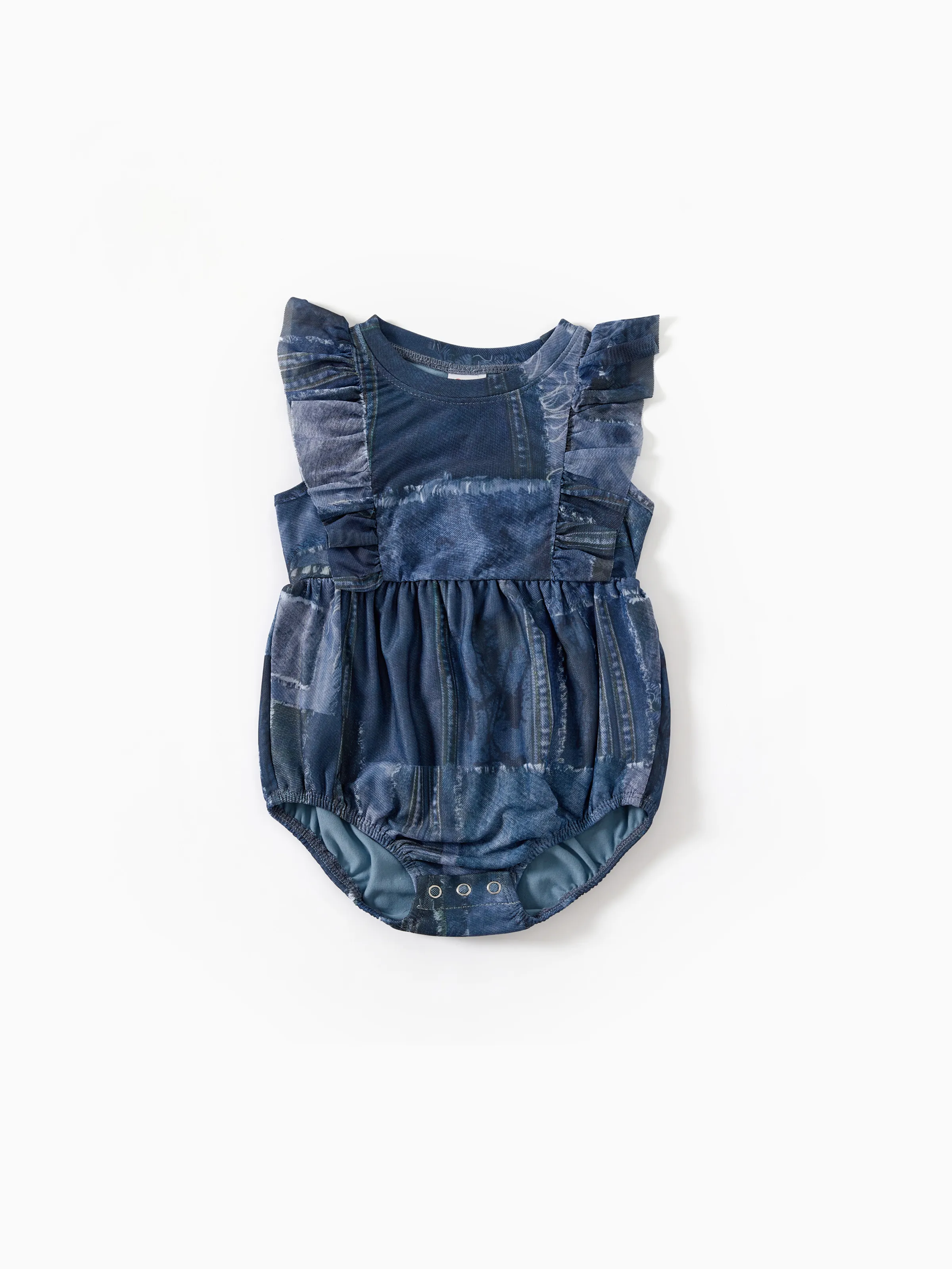 

Mommy and Me Denim Patchwork Mesh Printed Ruched Drawstring Dress