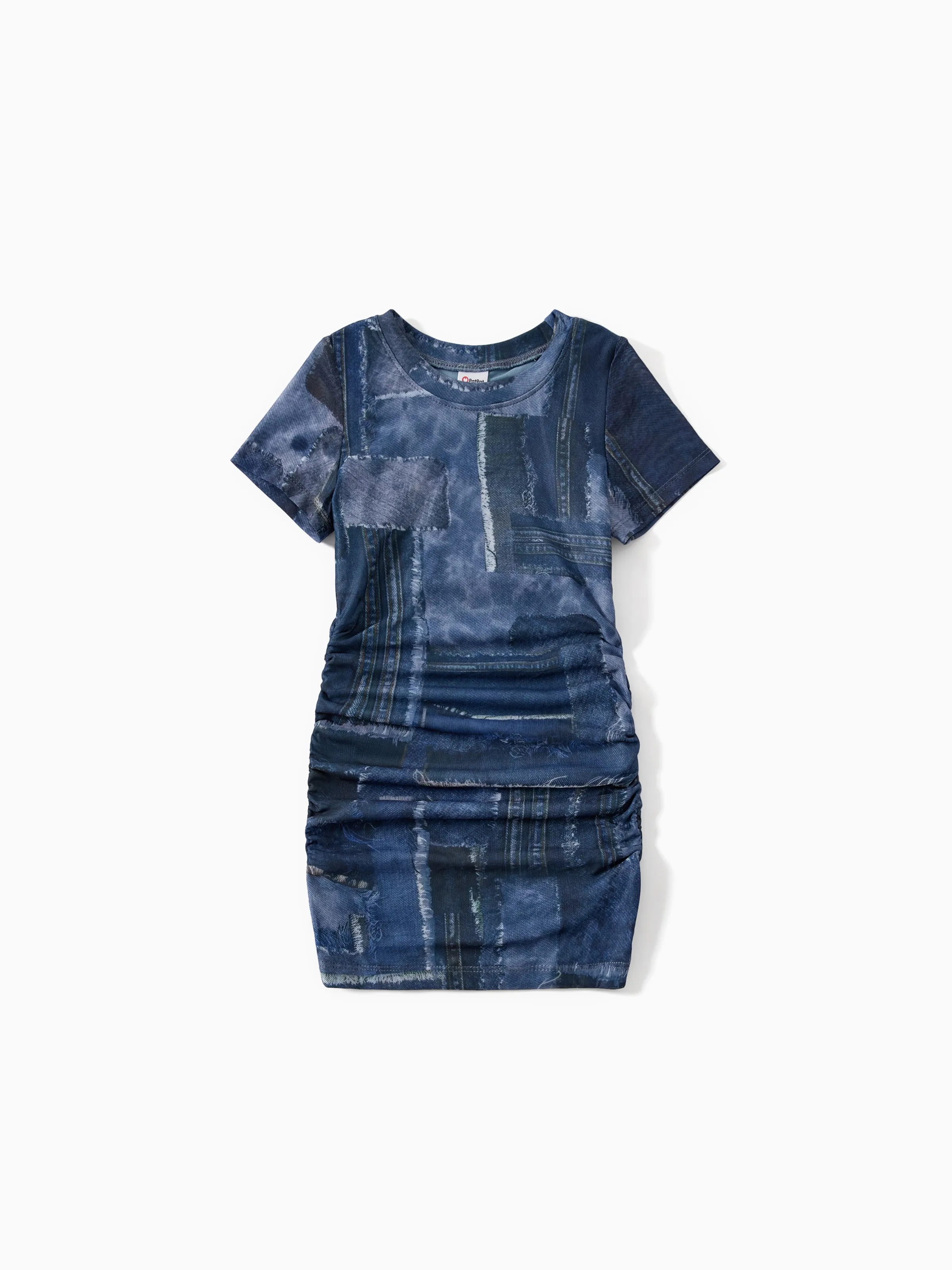 

Mommy and Me Denim Patchwork Mesh Printed Ruched Drawstring Dress