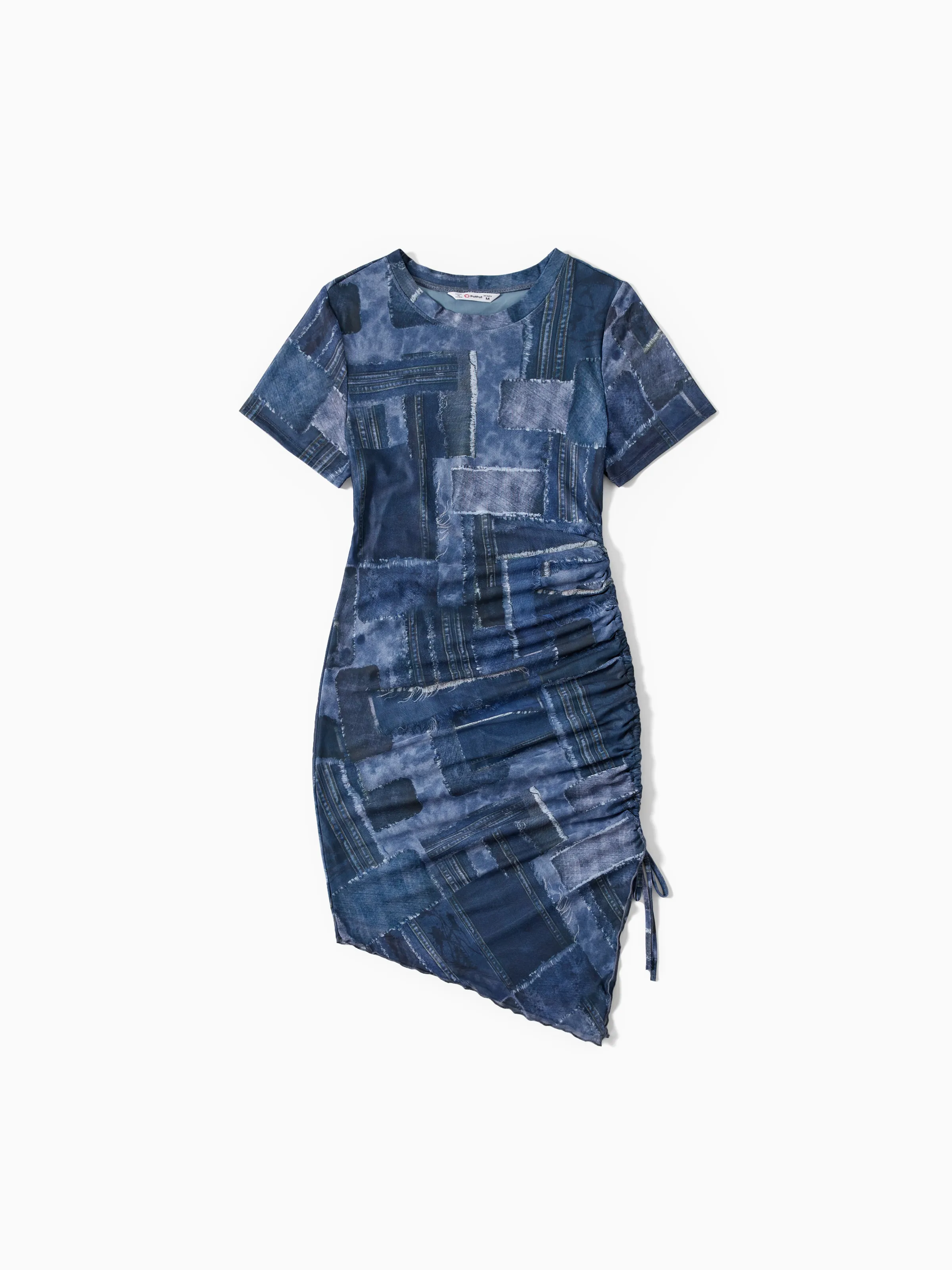 

Mommy and Me Denim Patchwork Mesh Printed Ruched Drawstring Dress