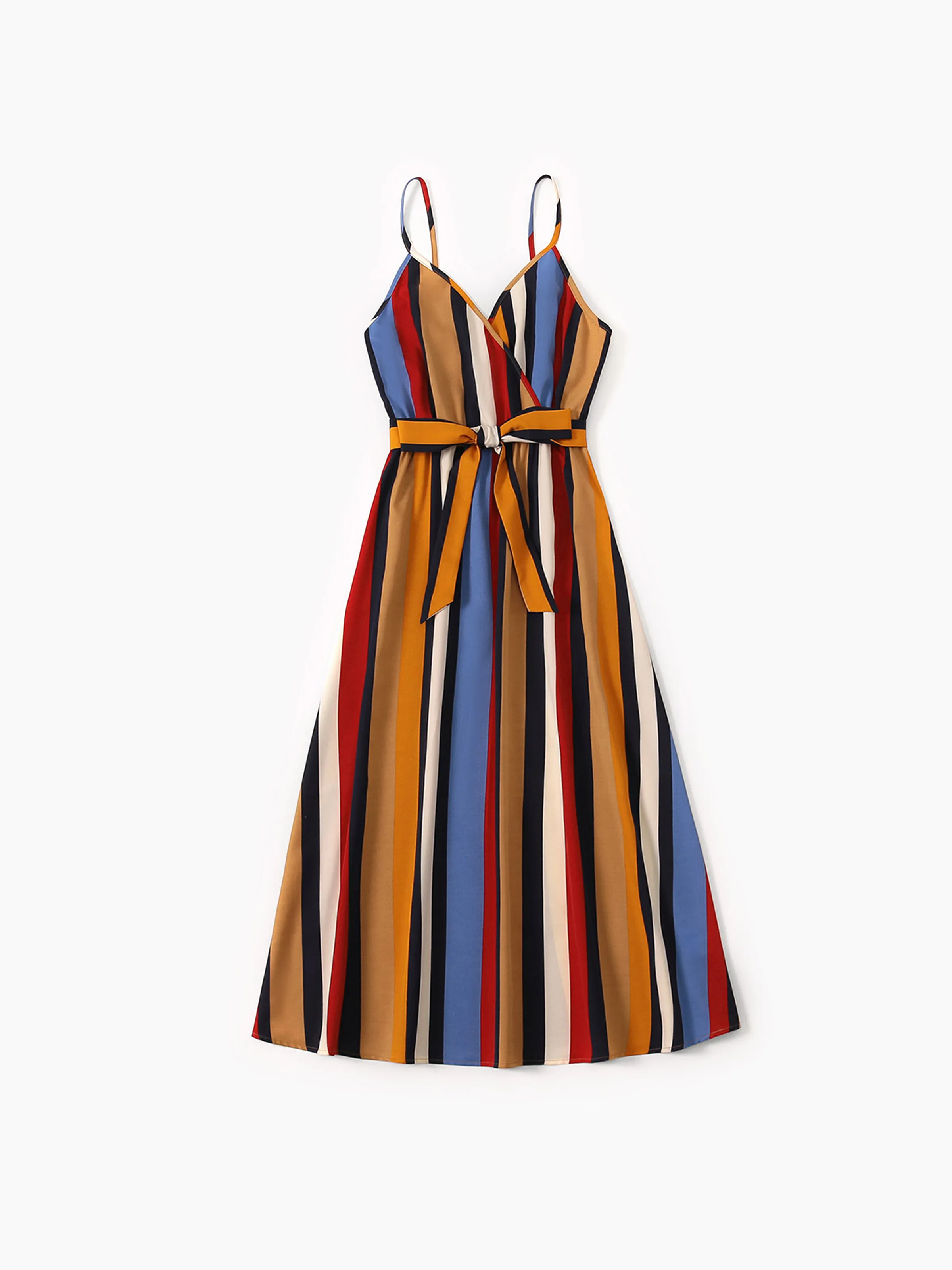 

Family Matching Multicolor Striped V Neck Spaghetti Strap Belted Dresses and Colorblock Short-sleeve T-shirts Sets