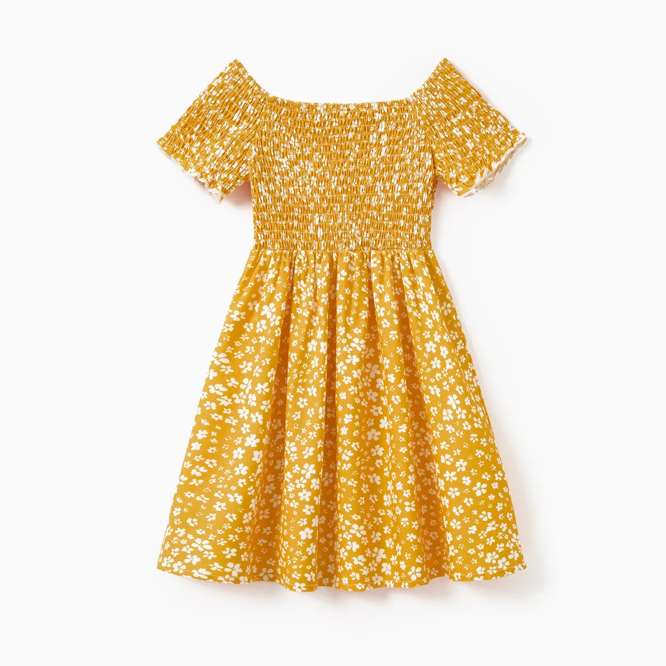 Family Matching Allover Floral Print Off-Shoulder Smocked Dresses and Stripe Panel Colorblock Short-sleeve T-shirts Sets