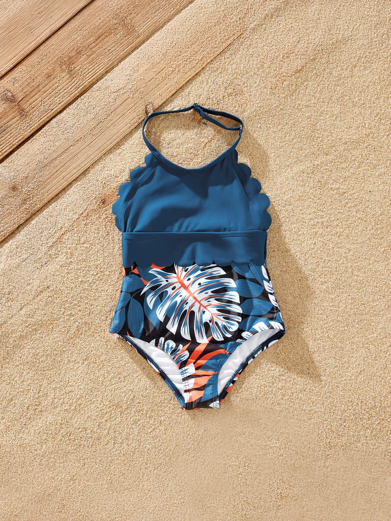 Girl - Matching Family Swimsuits One-piece with Palm Leaf Print - Blue - image 7