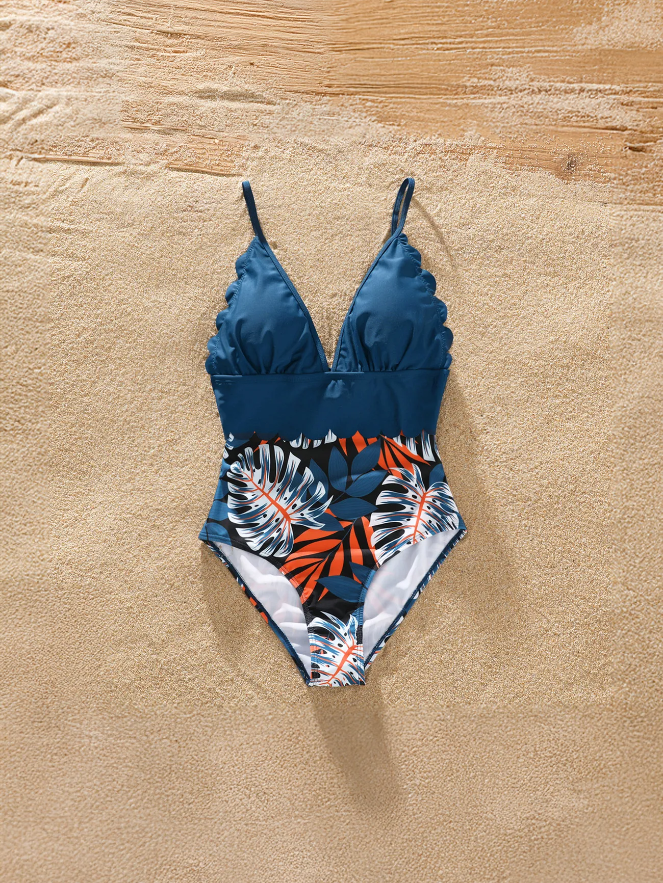 Women - Matching Family Swimsuits One-piece with Palm Leaf Print - Blue - image 2