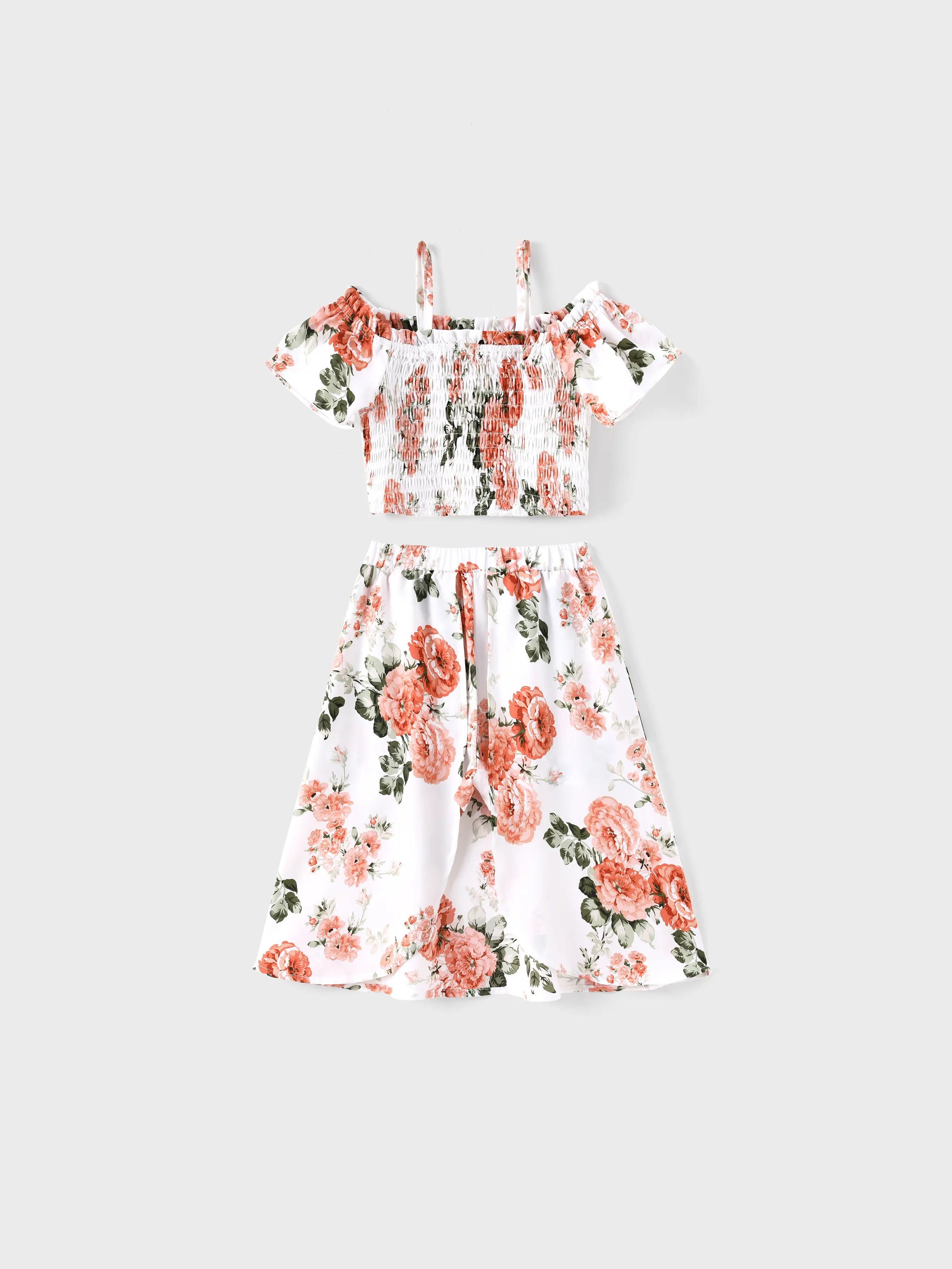 

Flora Print Smocking Strap Off Shoulder Top and Shorts Skirt 2 Pieces Co-ord Set for Mommy and Me