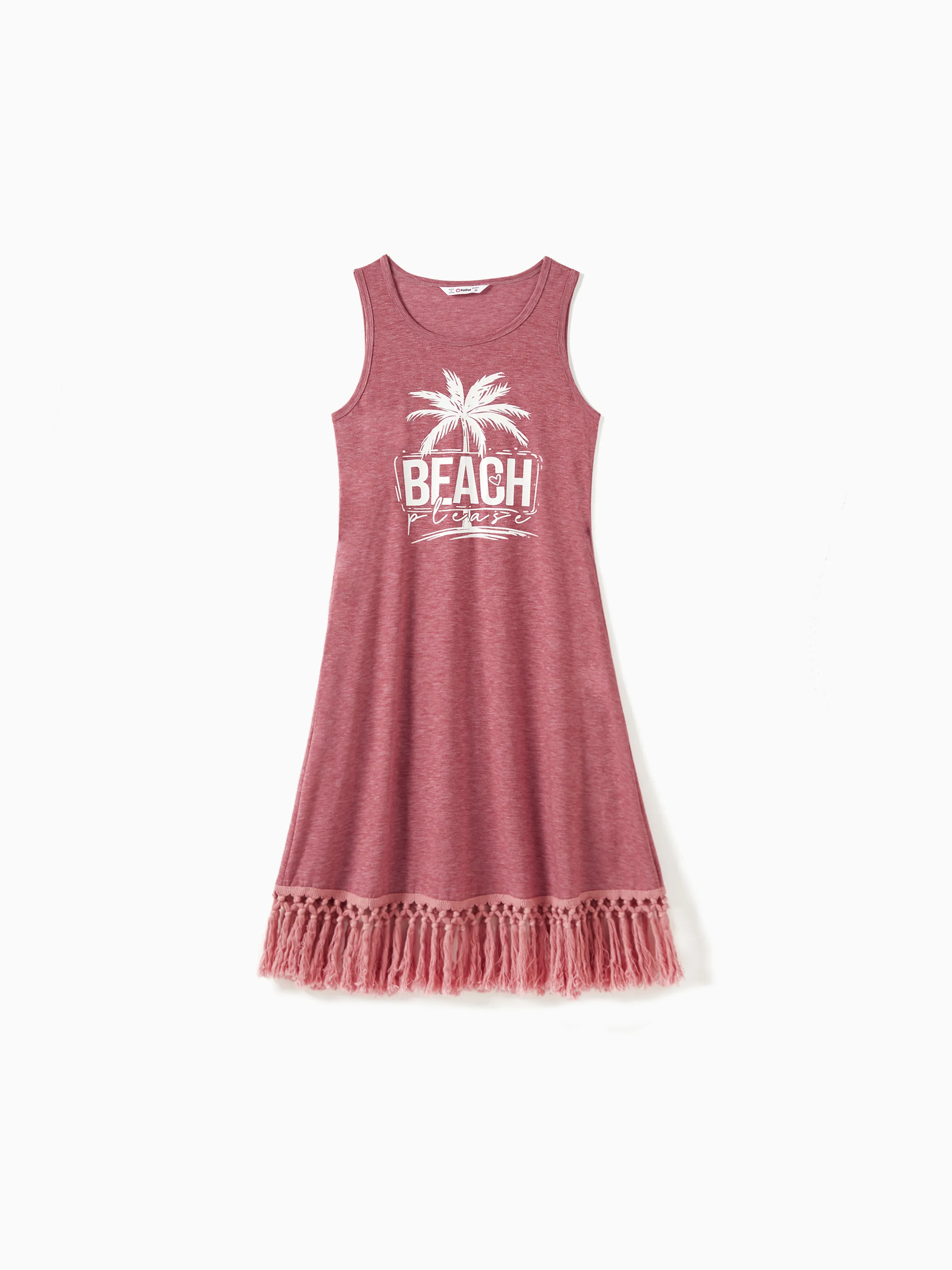 

Mommy and Me Pink Round Neck Sleeveless Tasseled Trim Coconut Tree Graphic Beach Dress