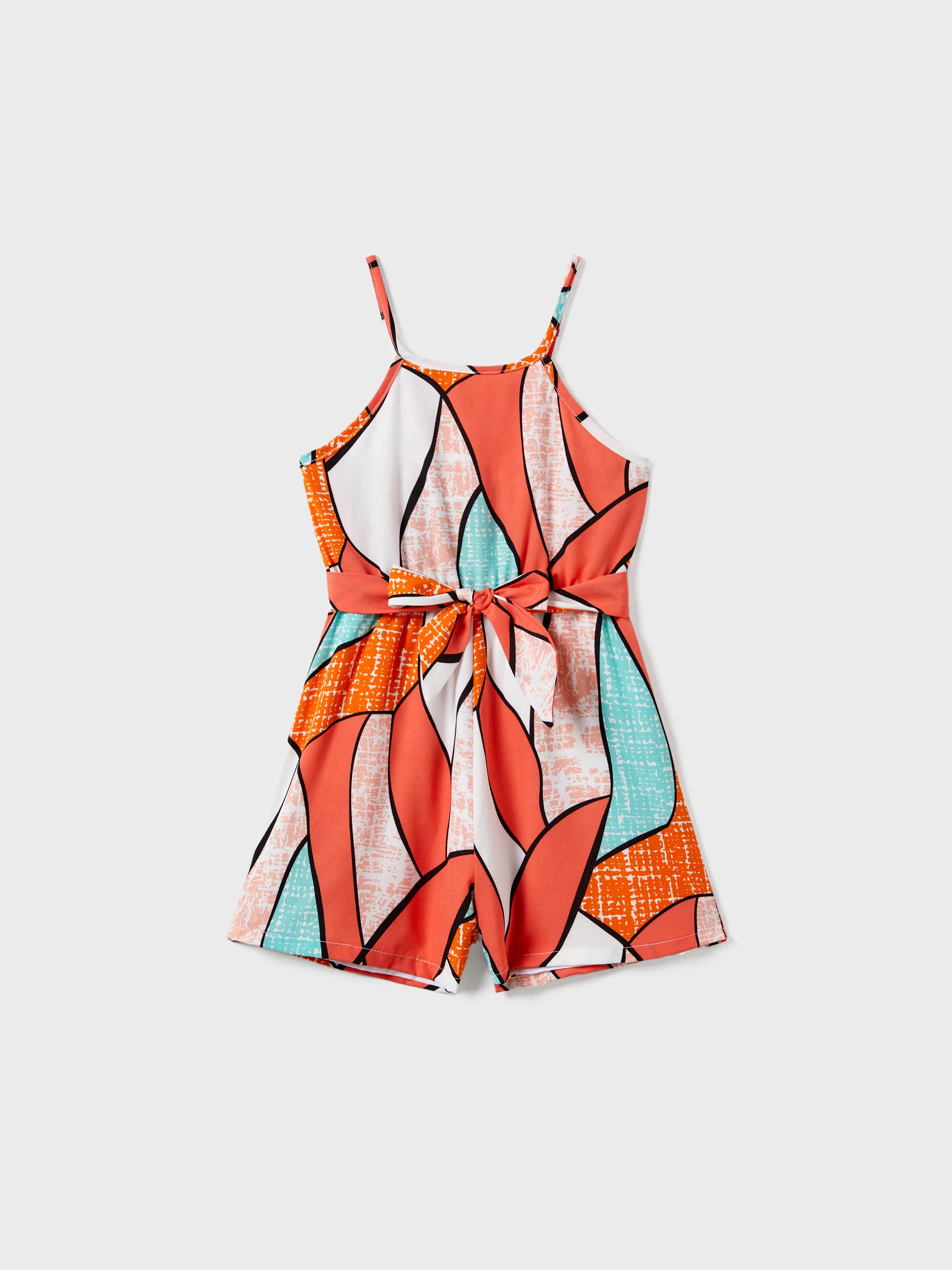 

Mommy and Me Geometrical Pattern Belted Strap Romper