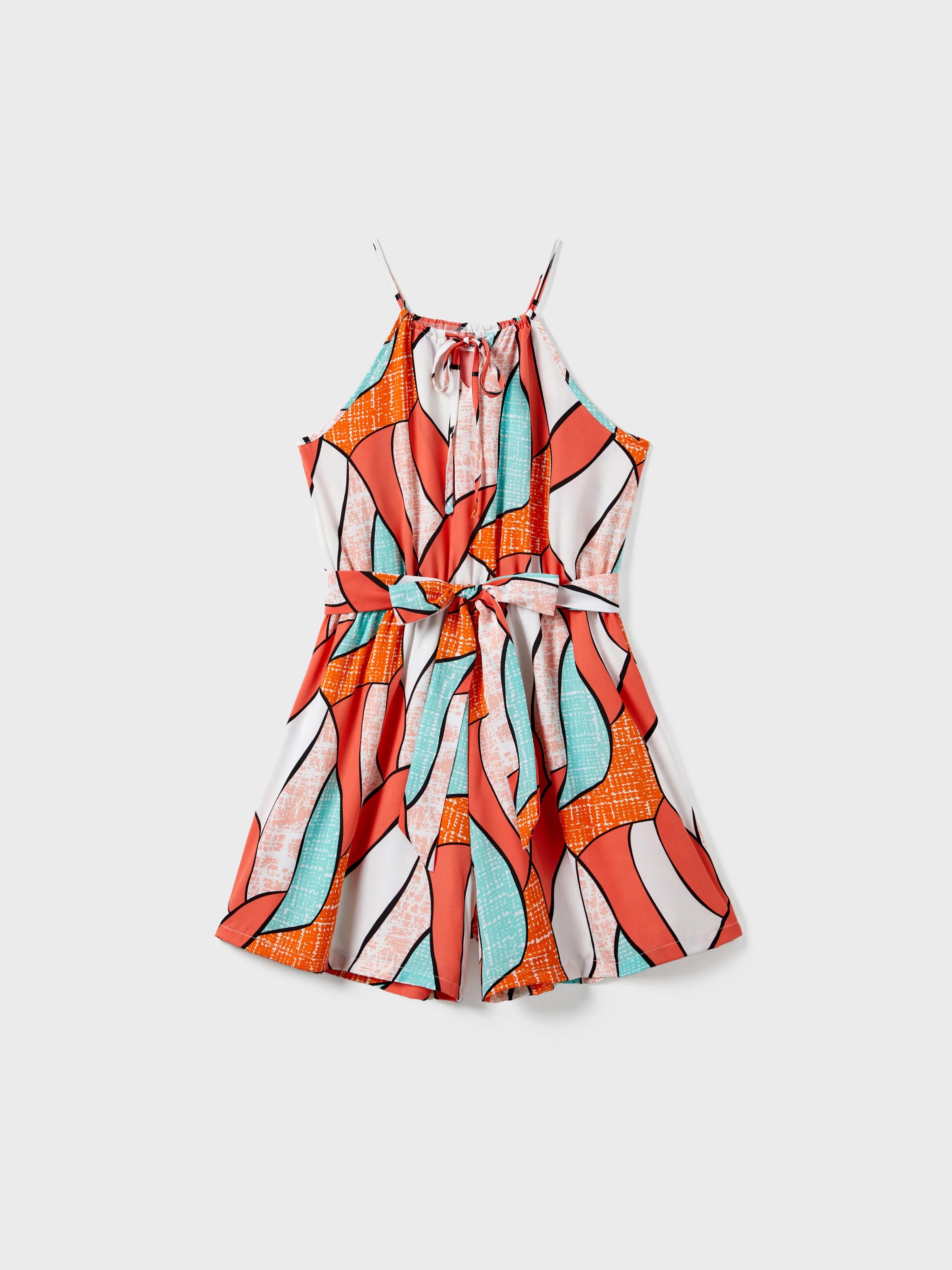 

Mommy and Me Geometrical Pattern Belted Strap Romper