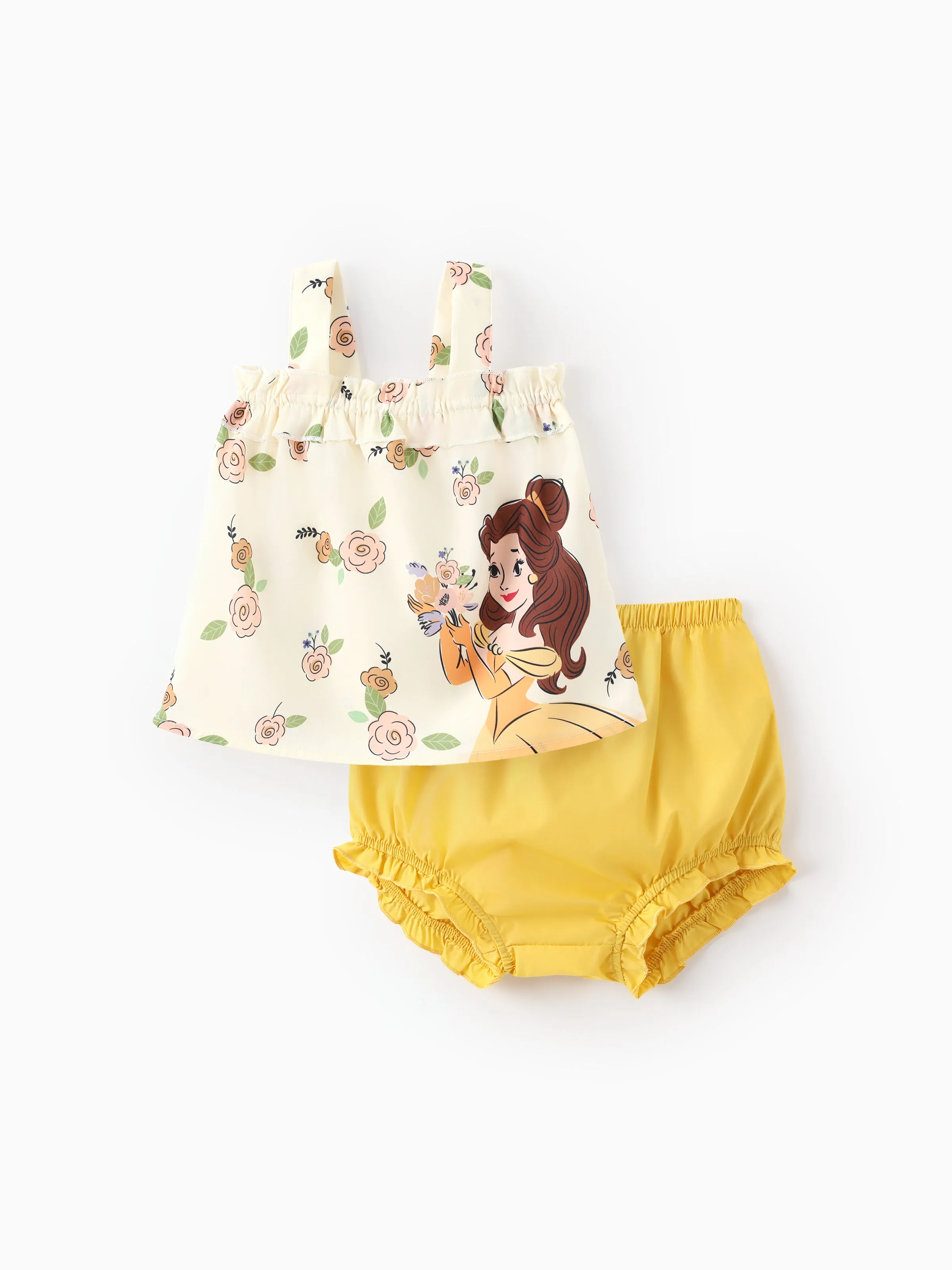 

Disney Princess Baby 2pcs Ariel/Rapunzel/Belle/Cinderella/Tiana/Snow White Floral Ruffled Smocked Sleeveless Top And Bloomer Shorts Set