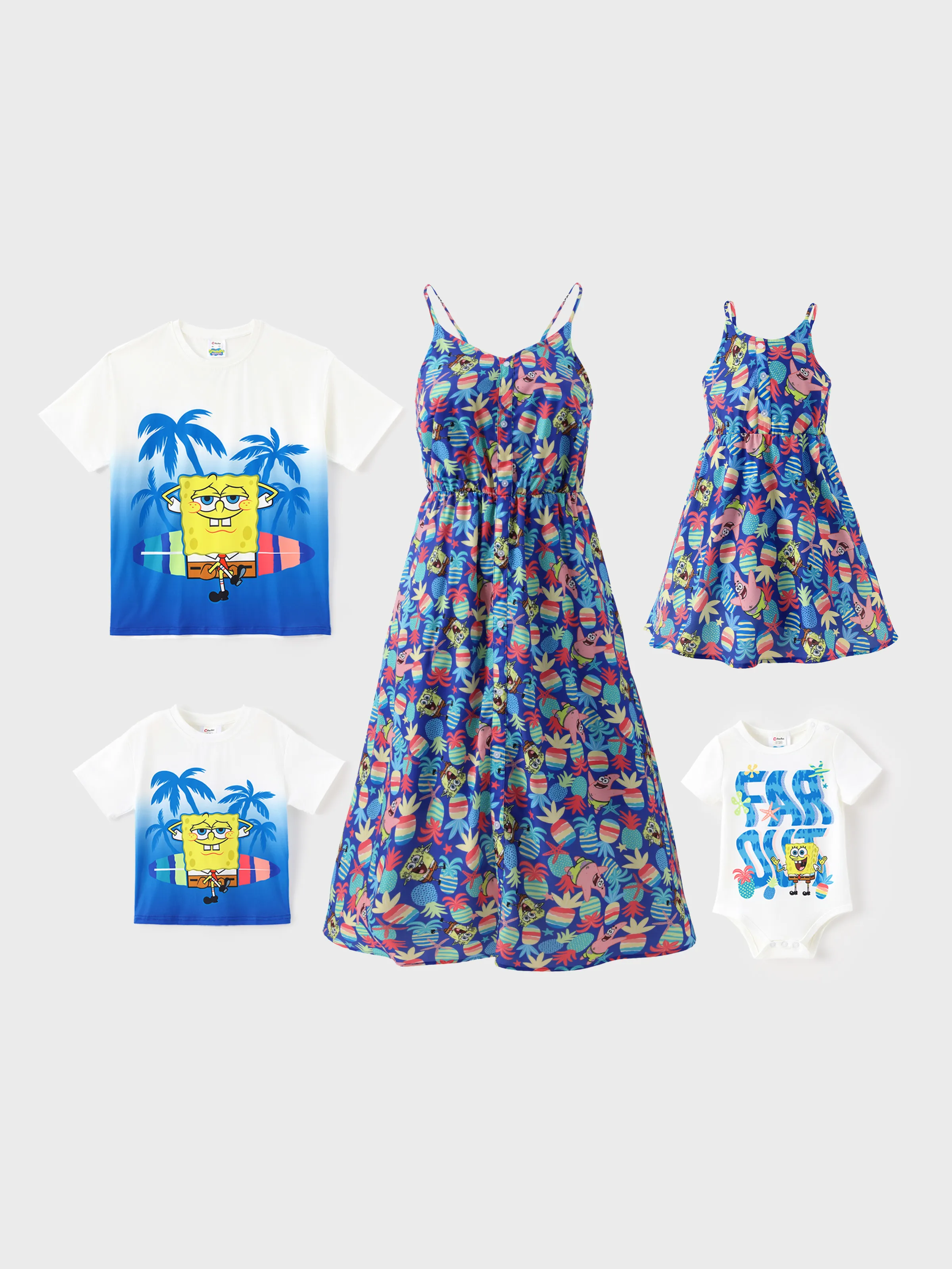 

SpongeBob SquarePants Family matching 1pc Character Pineapple Coconut Tree Print Cami Dress/T-shirt/Jumpsuit