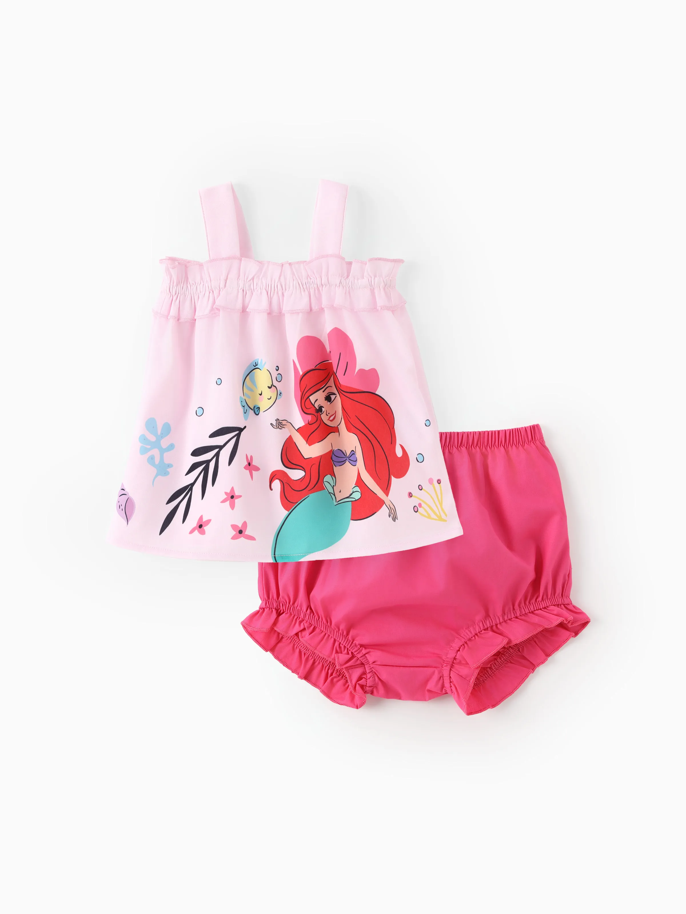 

Disney Princess Baby 2pcs Ariel/Rapunzel/Belle/Cinderella/Tiana/Snow White Floral Ruffled Smocked Sleeveless Top And Bloomer Shorts Set