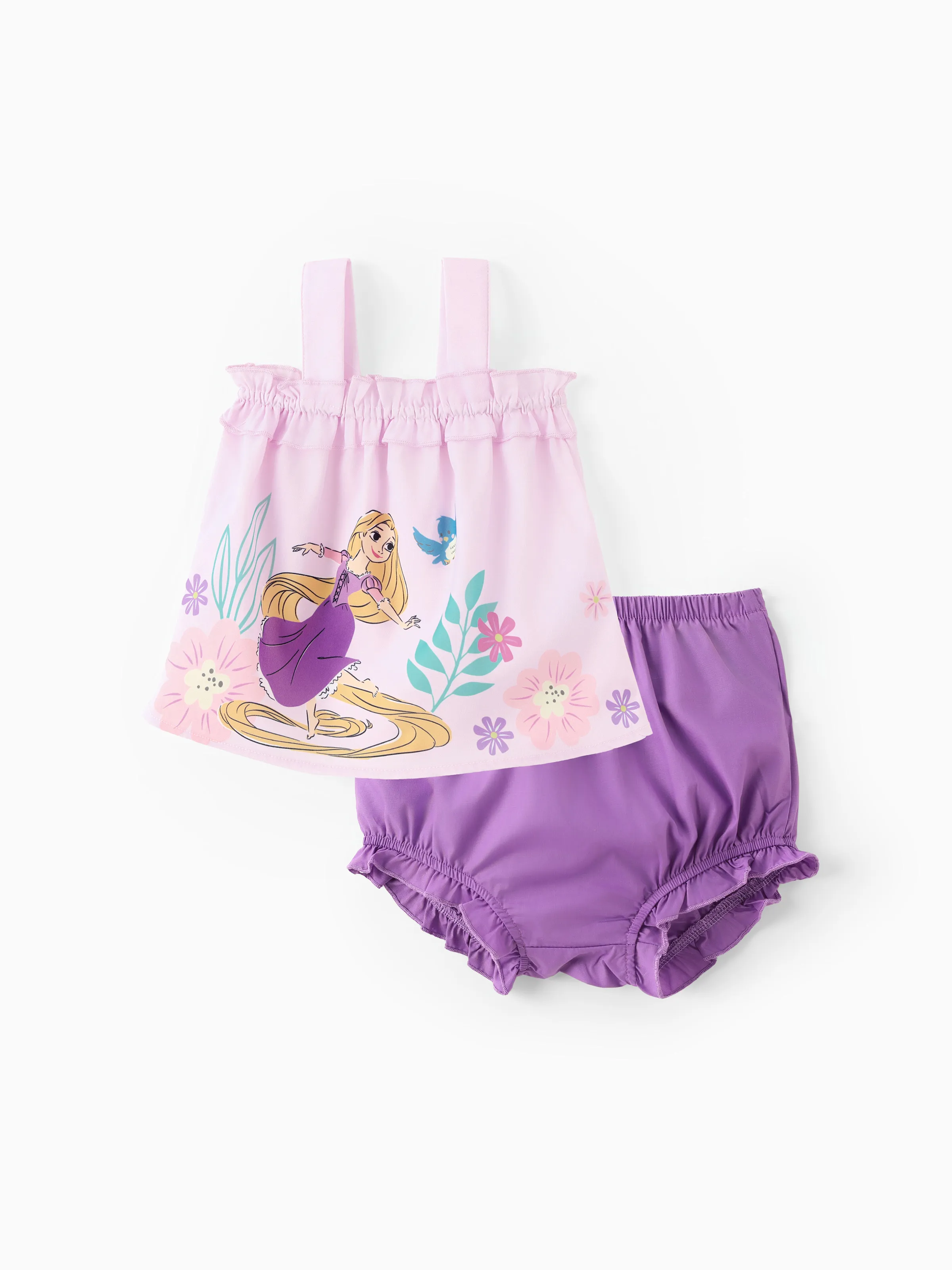 

Disney Princess Baby 2pcs Ariel/Rapunzel/Belle/Cinderella/Tiana/Snow White Floral Ruffled Smocked Sleeveless Top And Bloomer Shorts Set