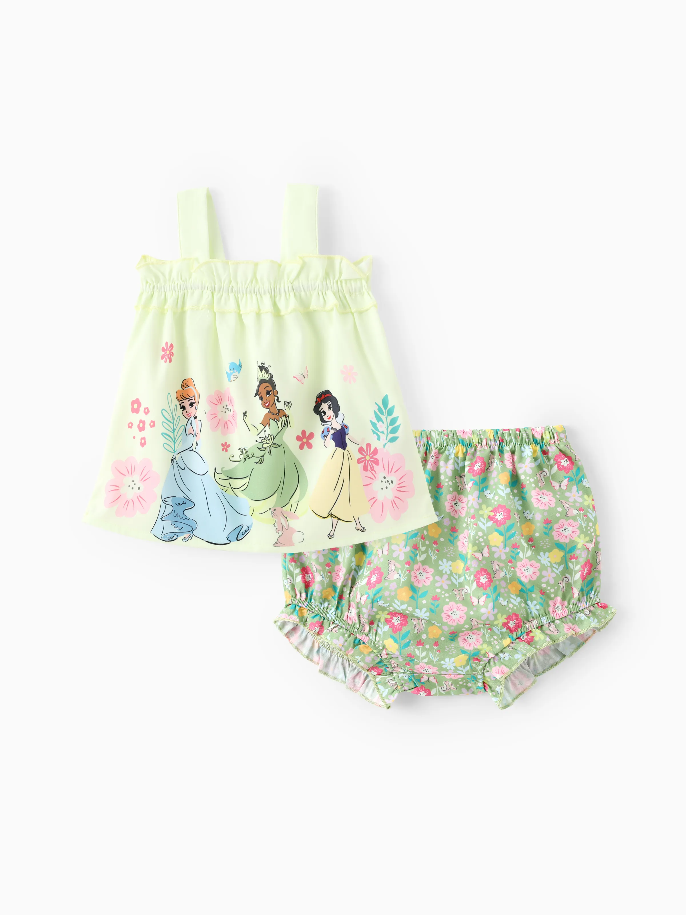 

Disney Princess Baby 2pcs Ariel/Rapunzel/Belle/Cinderella/Tiana/Snow White Floral Ruffled Smocked Sleeveless Top And Bloomer Shorts Set