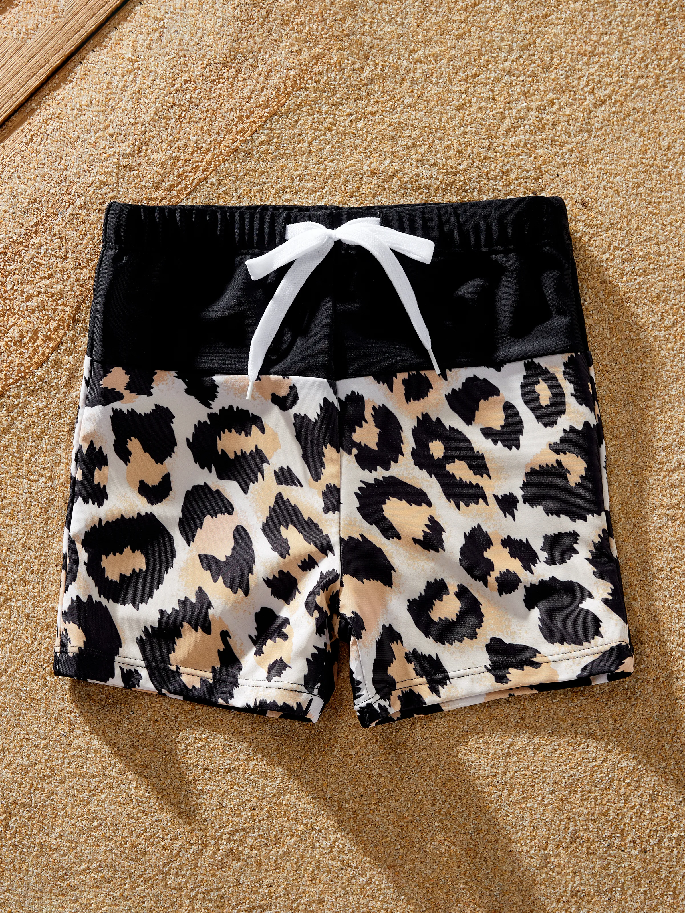 

Family Matching Swimsuit Leopard Print Splicing Black Cross Front Tankini or Drawstring Swim Trunks