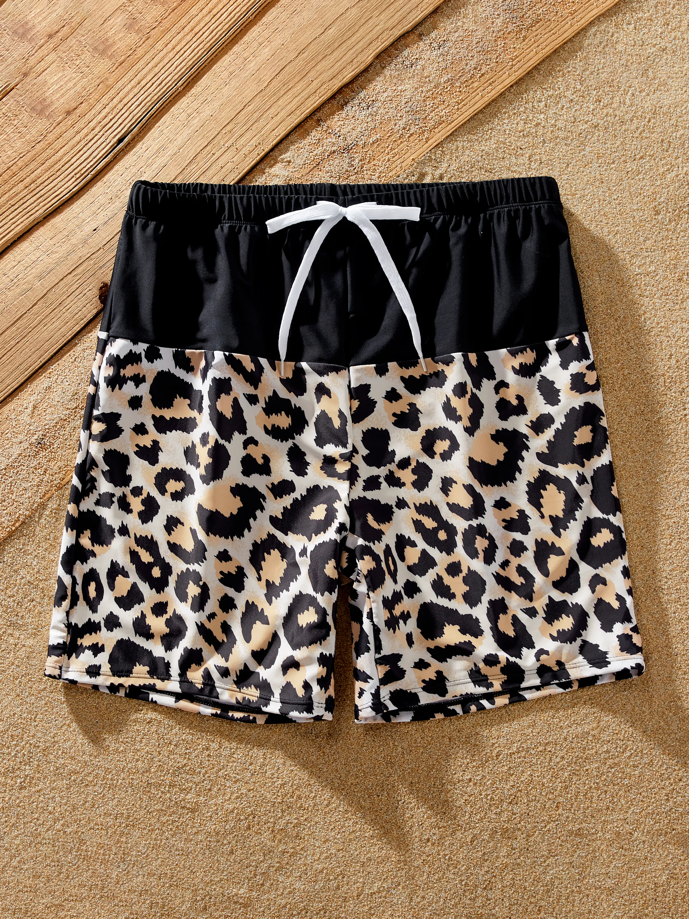 

Family Matching Swimsuit Leopard Print Splicing Black Cross Front Tankini or Drawstring Swim Trunks