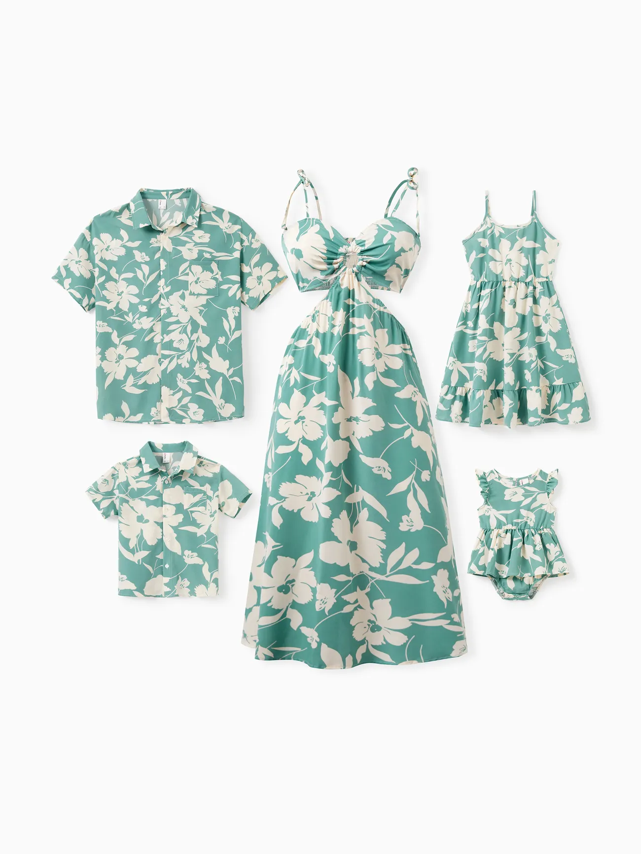 Green Family Matching Outfits White Leaf Print - Shirts and Backless Dresses for Hawaii/Cruise/Resort/Casual Wear - Green - image 1