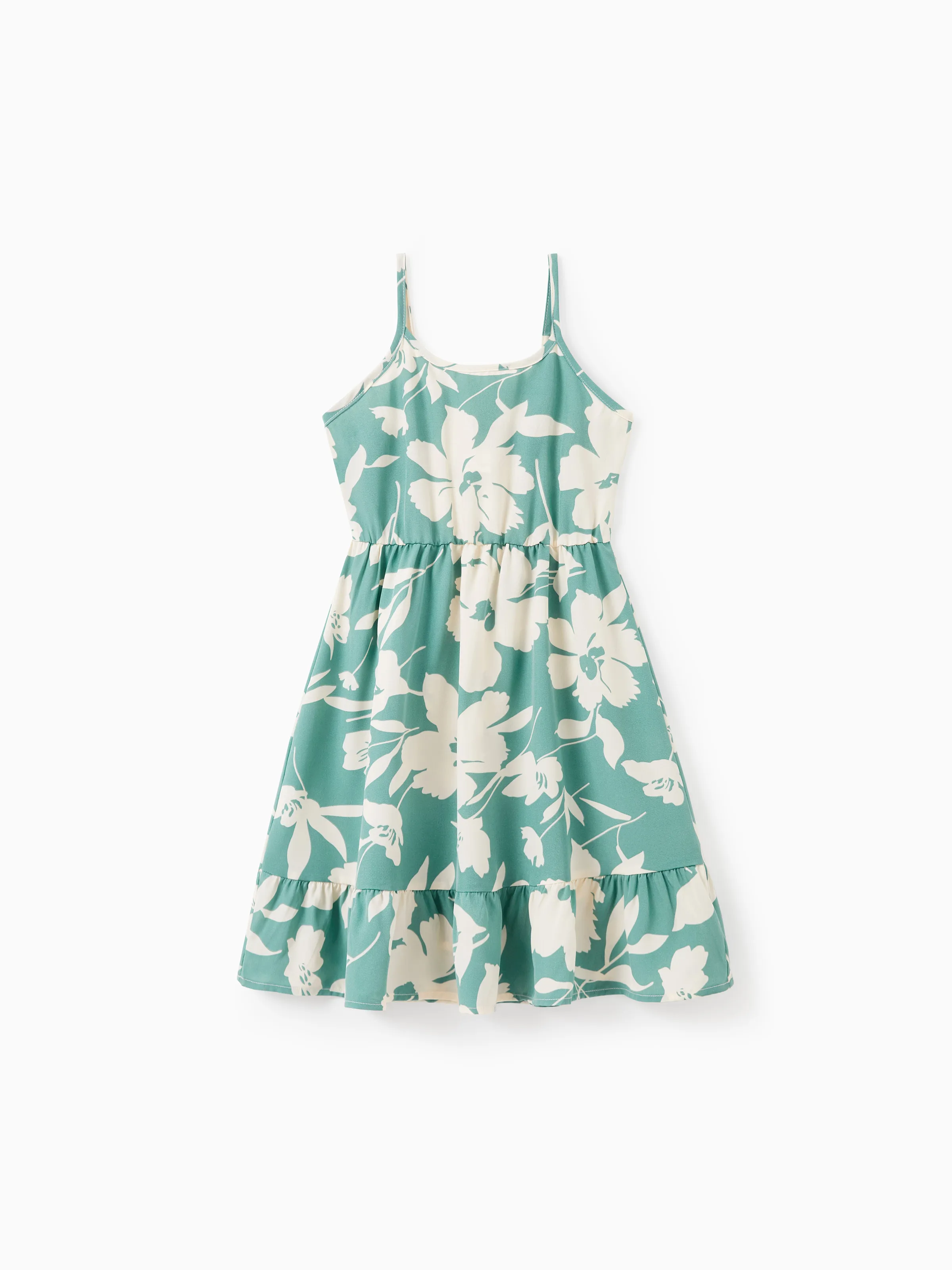 

Family Matching Leaf Print Green Short-sleeve Shirt or Sling Shirred Dress Set