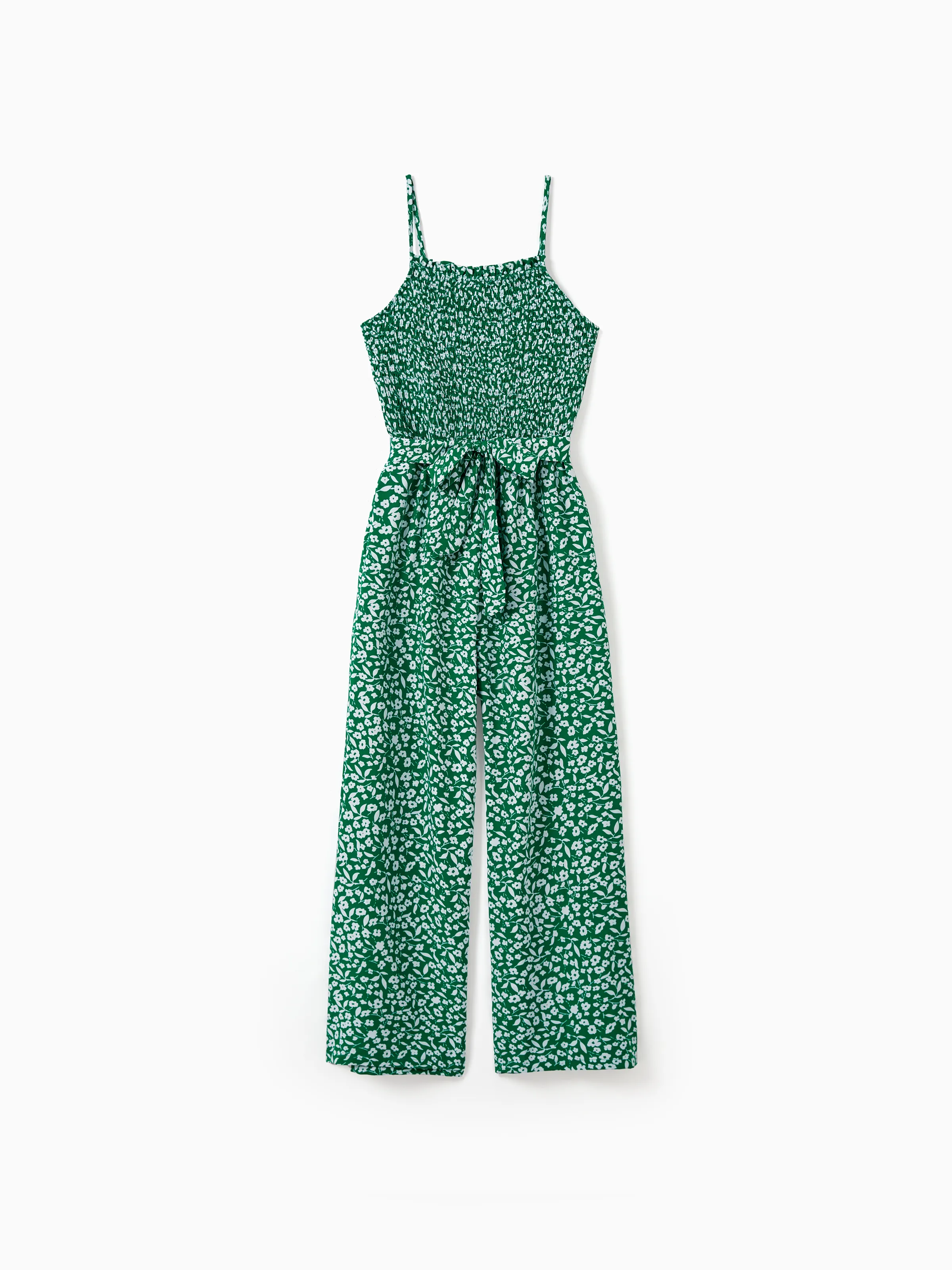 

Matching Floral Print Green Smocked Strap Jumpsuits for Mommy and Me