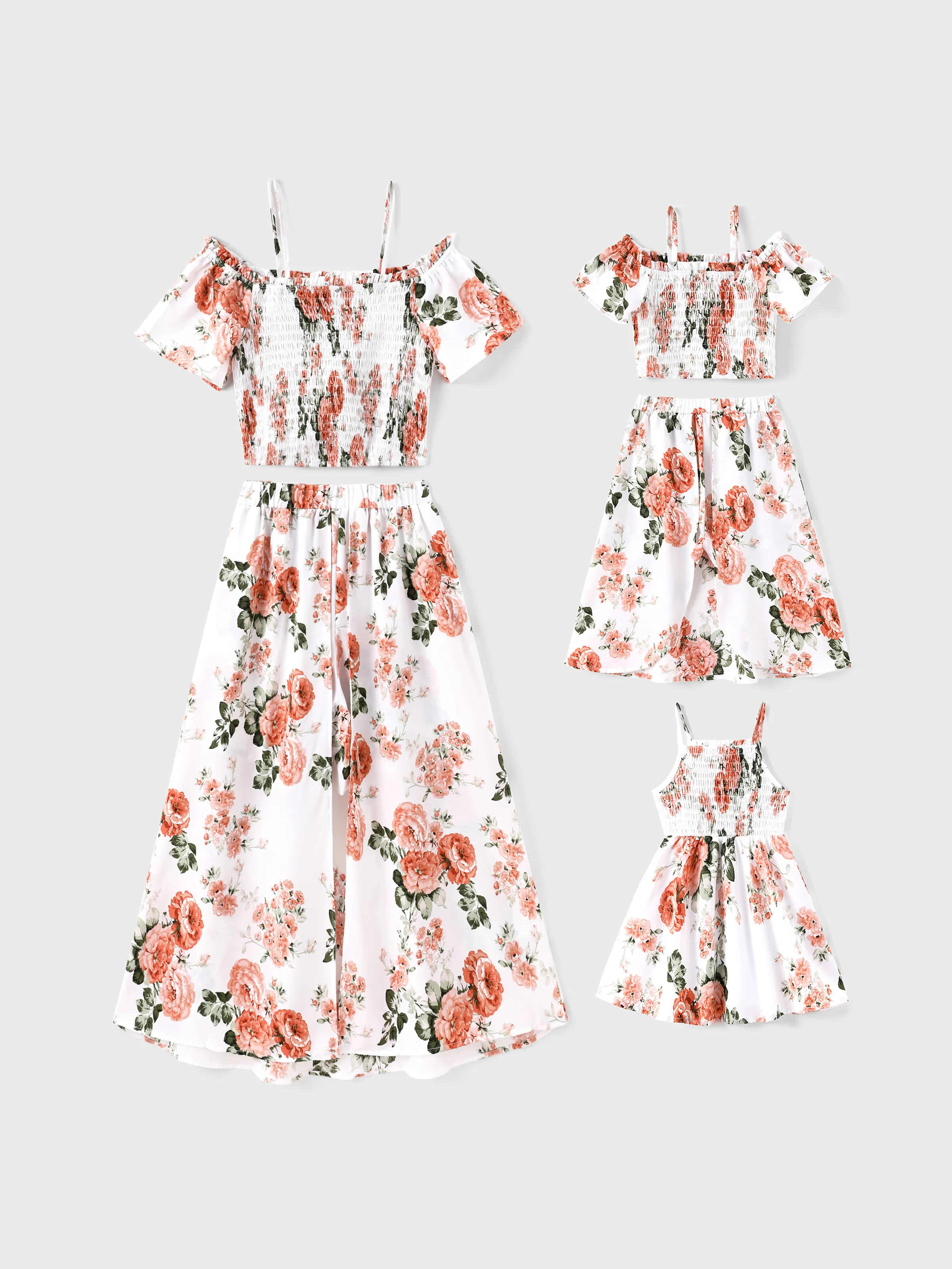 Flora Print Smocking Strap Off Shoulder Top und Shorts Rock 2-teiliges Set für Mama und mich