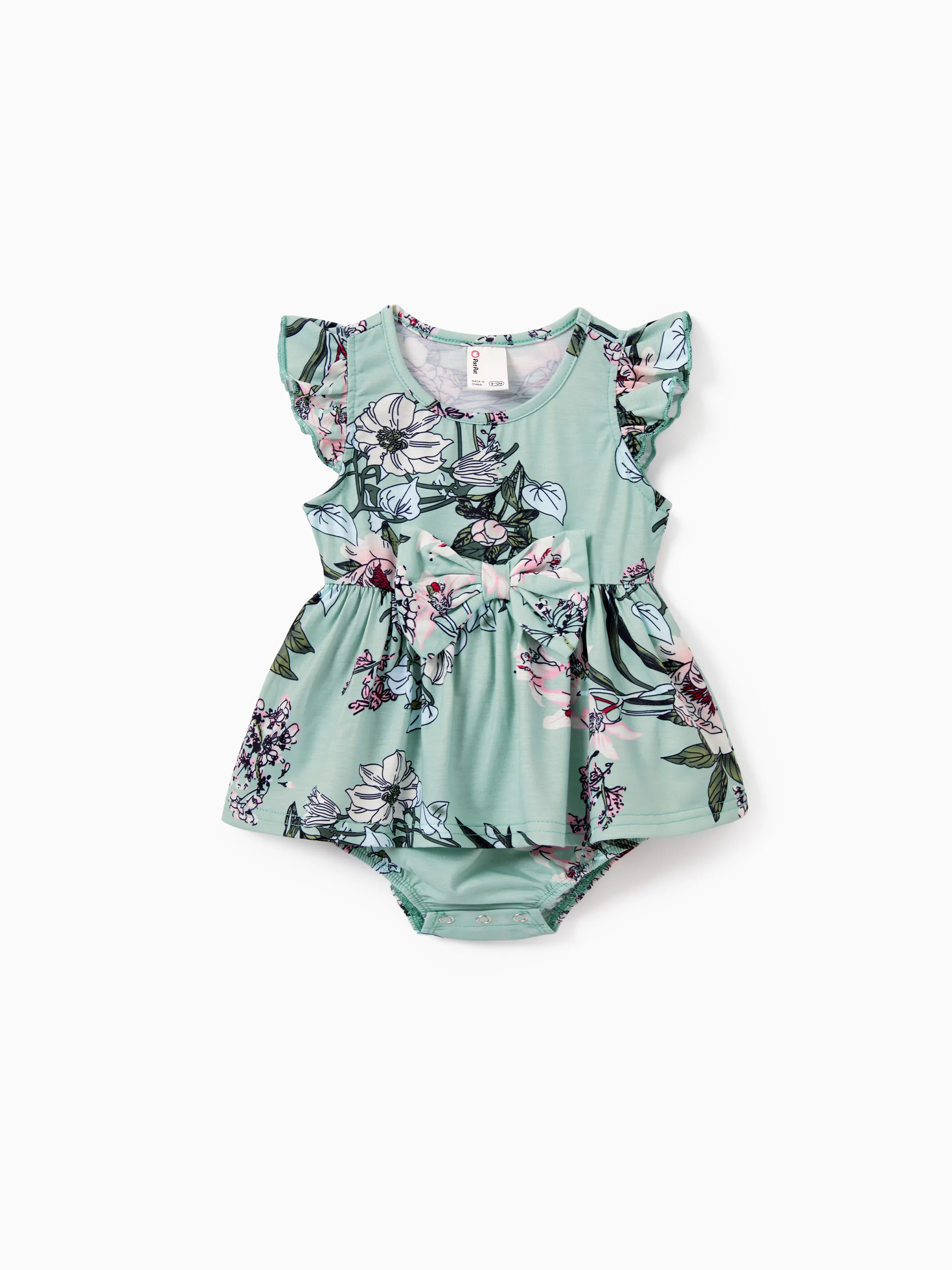 

Family Matching Sets Green Striped Polo Shirt or Flora Print Strap Belted Dress