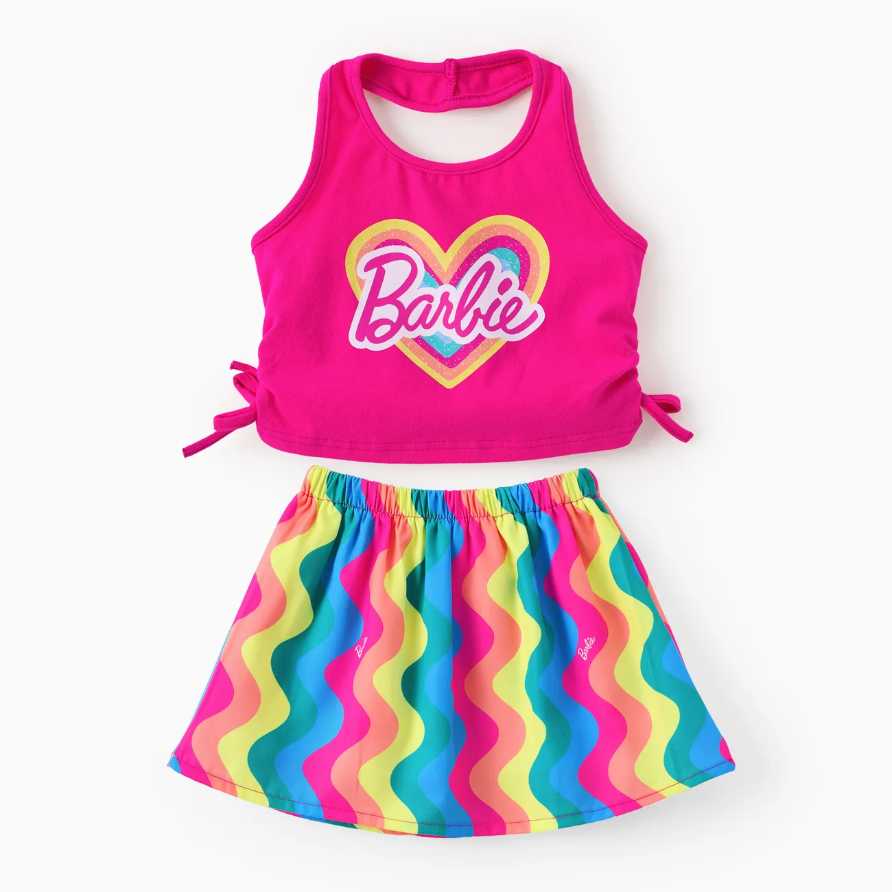 Barbie Toddler Girl 2pcs Cotton Heart Pattern Halter Tank Top And Rainbow Wave Pattern Skirt Set